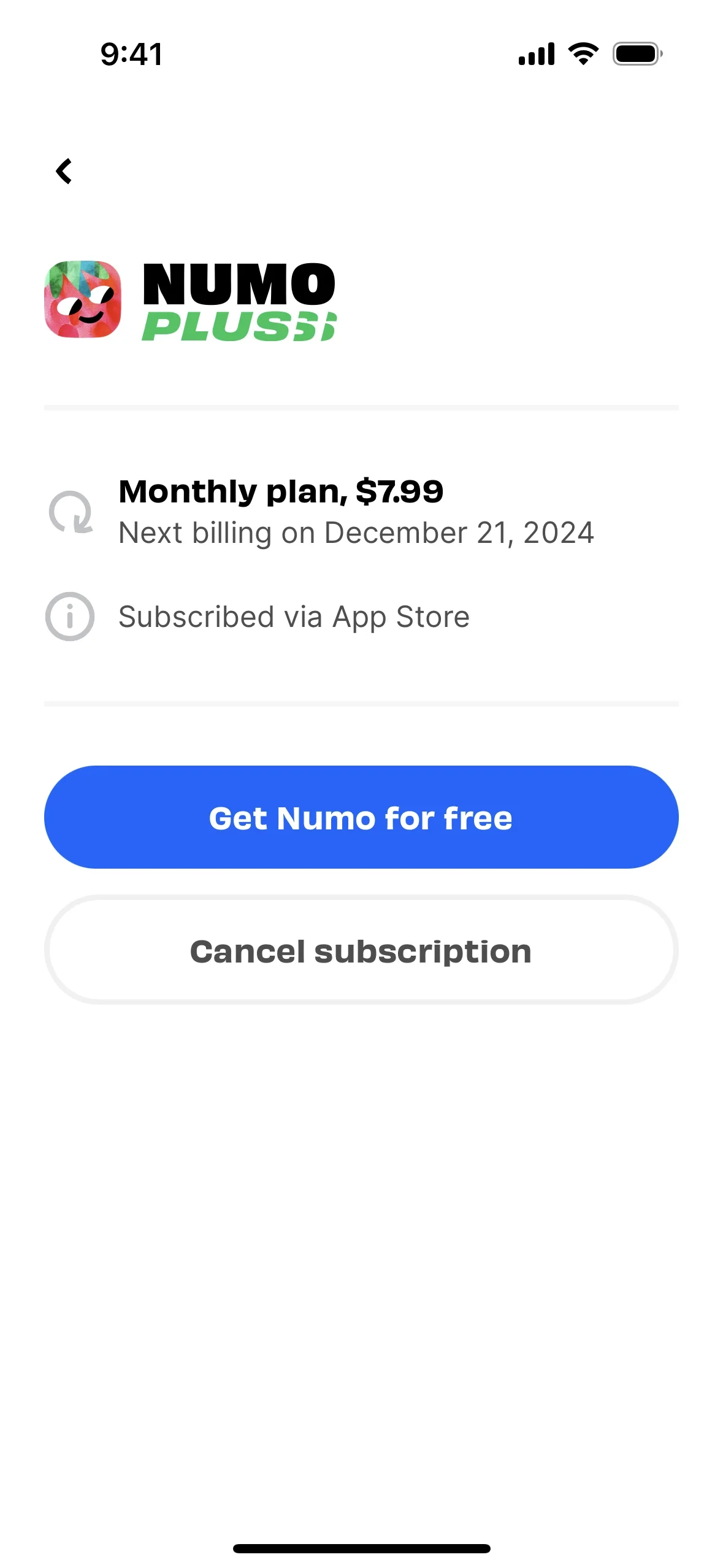 Numo Plus subscription page showing Monthly plan at $7.99 per month, next billing date, Subscribed via App Store label, a blue Get Numo for free button, and a grey Cancel subscription button