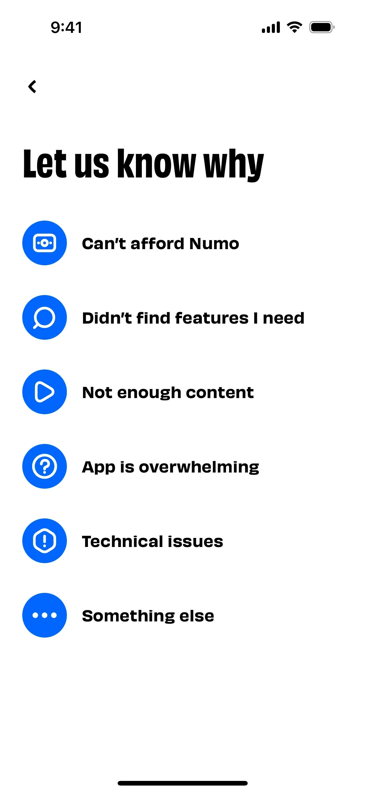 Numo Let us know why page listing six cancellation reasons — Can't afford Numo, Didn't find features I need, Not enough content, App is overwhelming, Technical issues, Something else — each with a blue icon