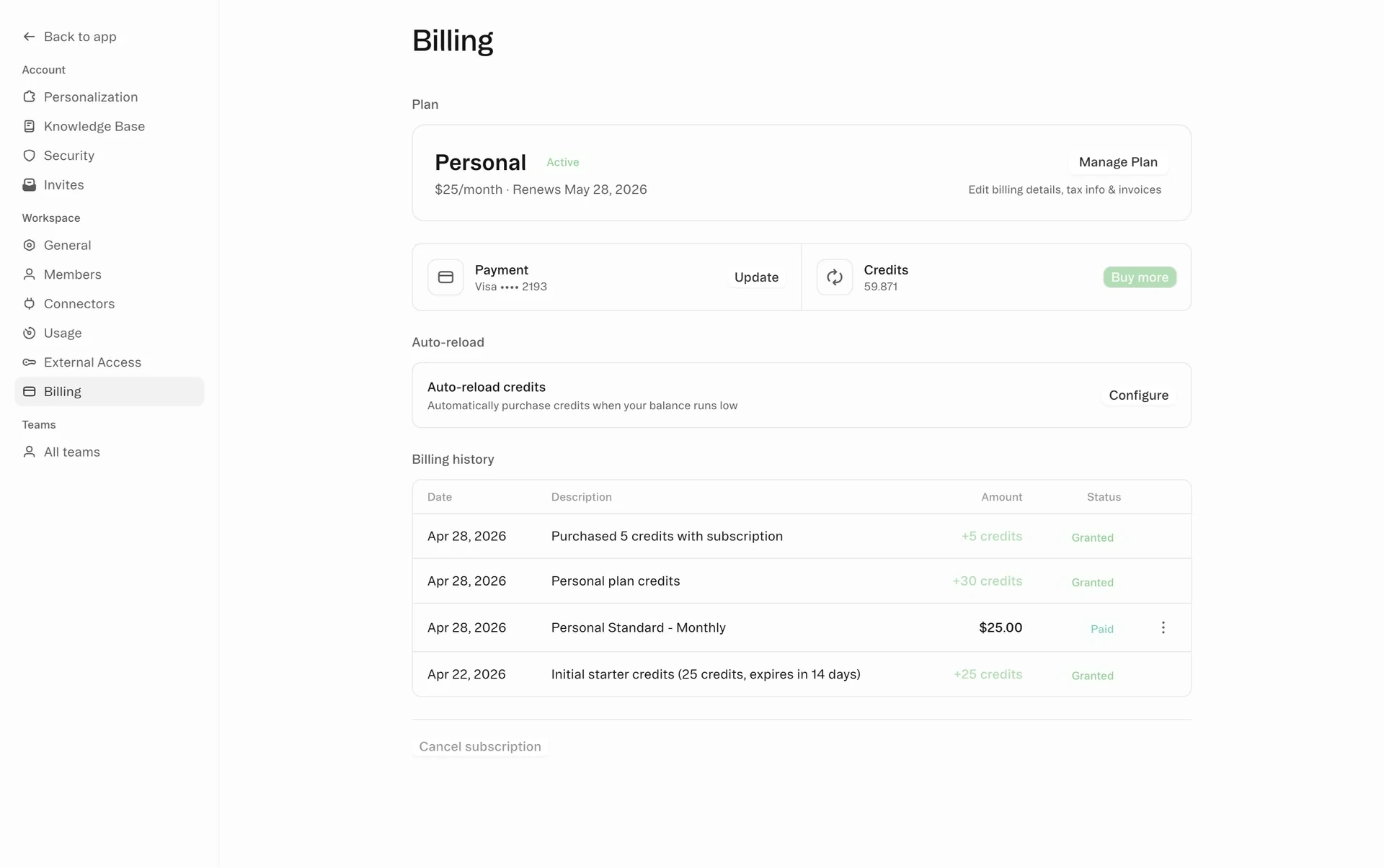Obvious Billing page showing Personal Active plan at $25/month, payment and credits cards, Auto-reload, billing history, and a Cancel subscription link at the bottom