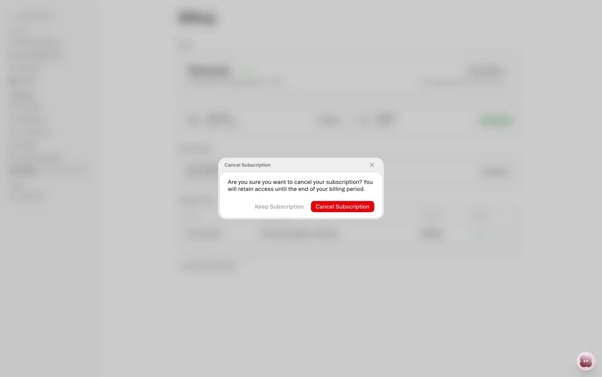Cancel Subscription modal asking Are you sure you want to cancel your subscription with Keep Subscription and a red Cancel Subscription button