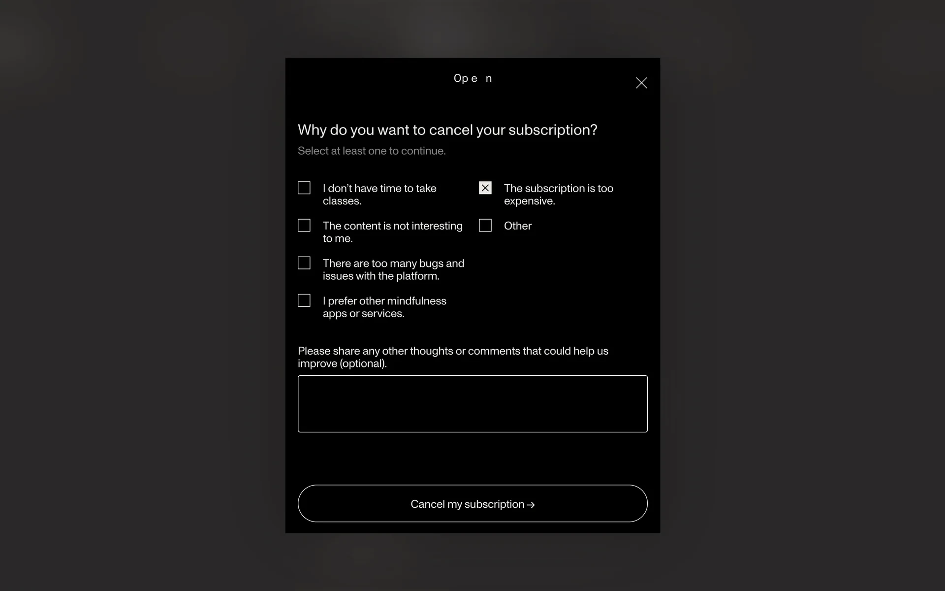 Open reason survey with "The subscription is too expensive." checkbox ticked and the other options unchecked