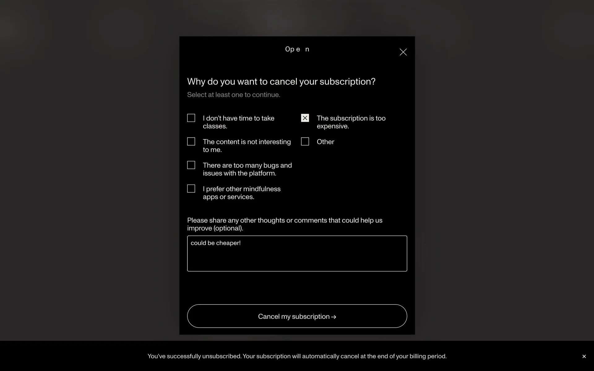 Open confirmation toast reading "You've successfully unsubscribed. Your subscription will automatically cancel at the end of your billing period."
