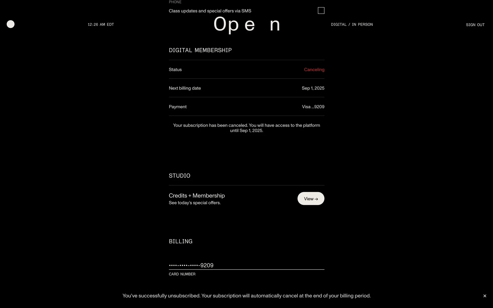 Open account page after cancel: DIGITAL MEMBERSHIP Status shows "Canceling" in red, Next billing date Sep 1 2025, and a message "Your subscription has been canceled. You will have access to the platform until Sep 1, 2025."