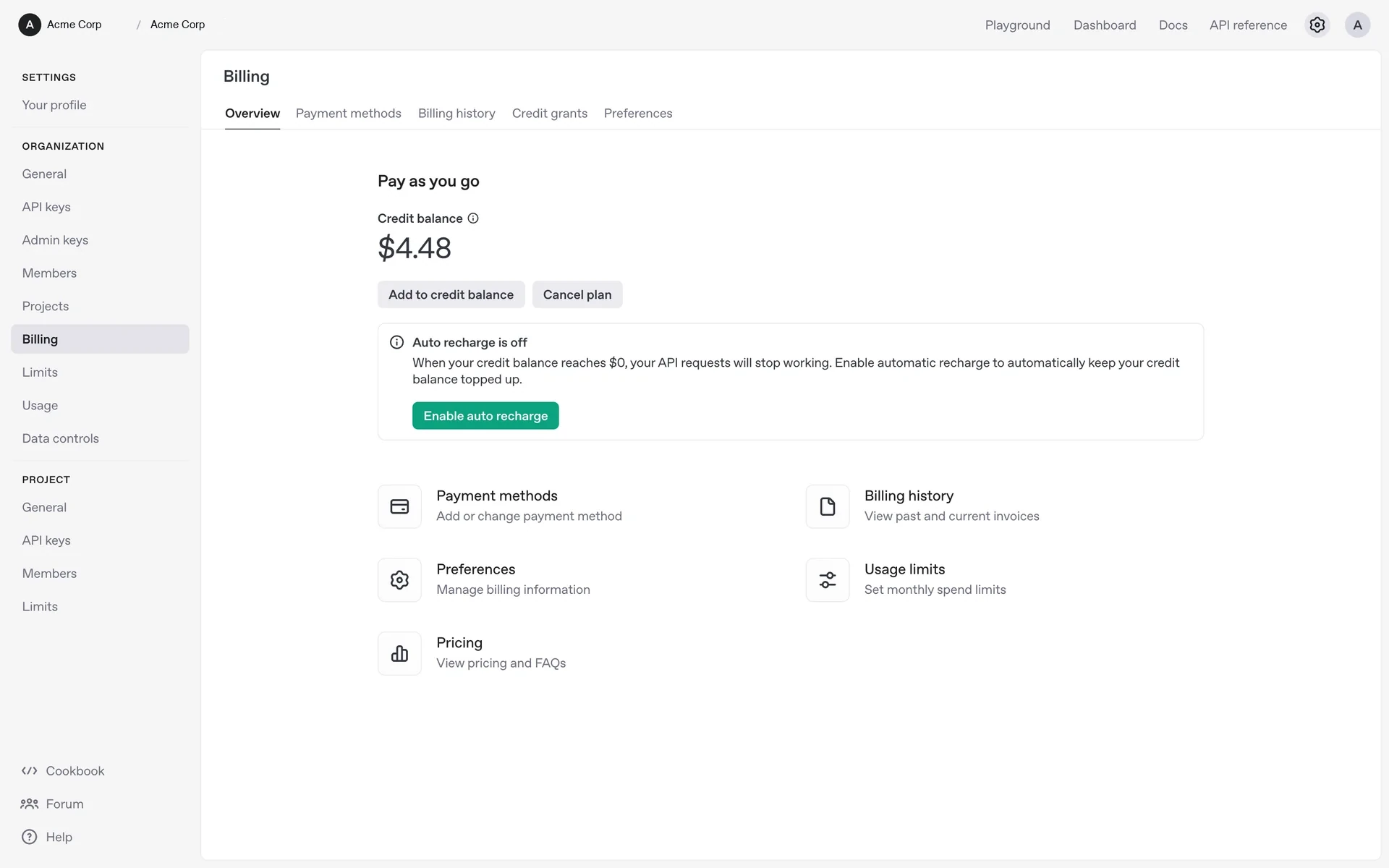 OpenAI developer Platform Billing page on the Overview tab, showing the Pay as you go plan, a $4.48 credit balance, Add to credit balance and Cancel plan buttons, and an auto-recharge-is-off notice