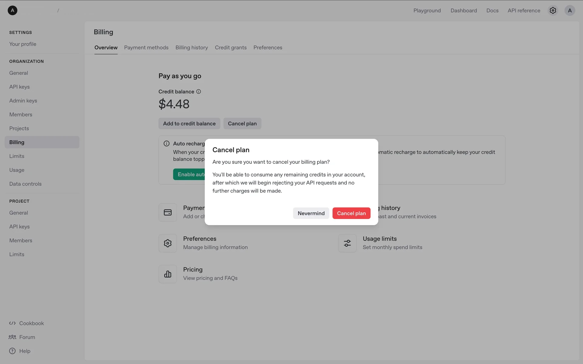 Cancel plan confirmation modal asking "Are you sure you want to cancel your billing plan?" with Nevermind and a red Cancel plan button