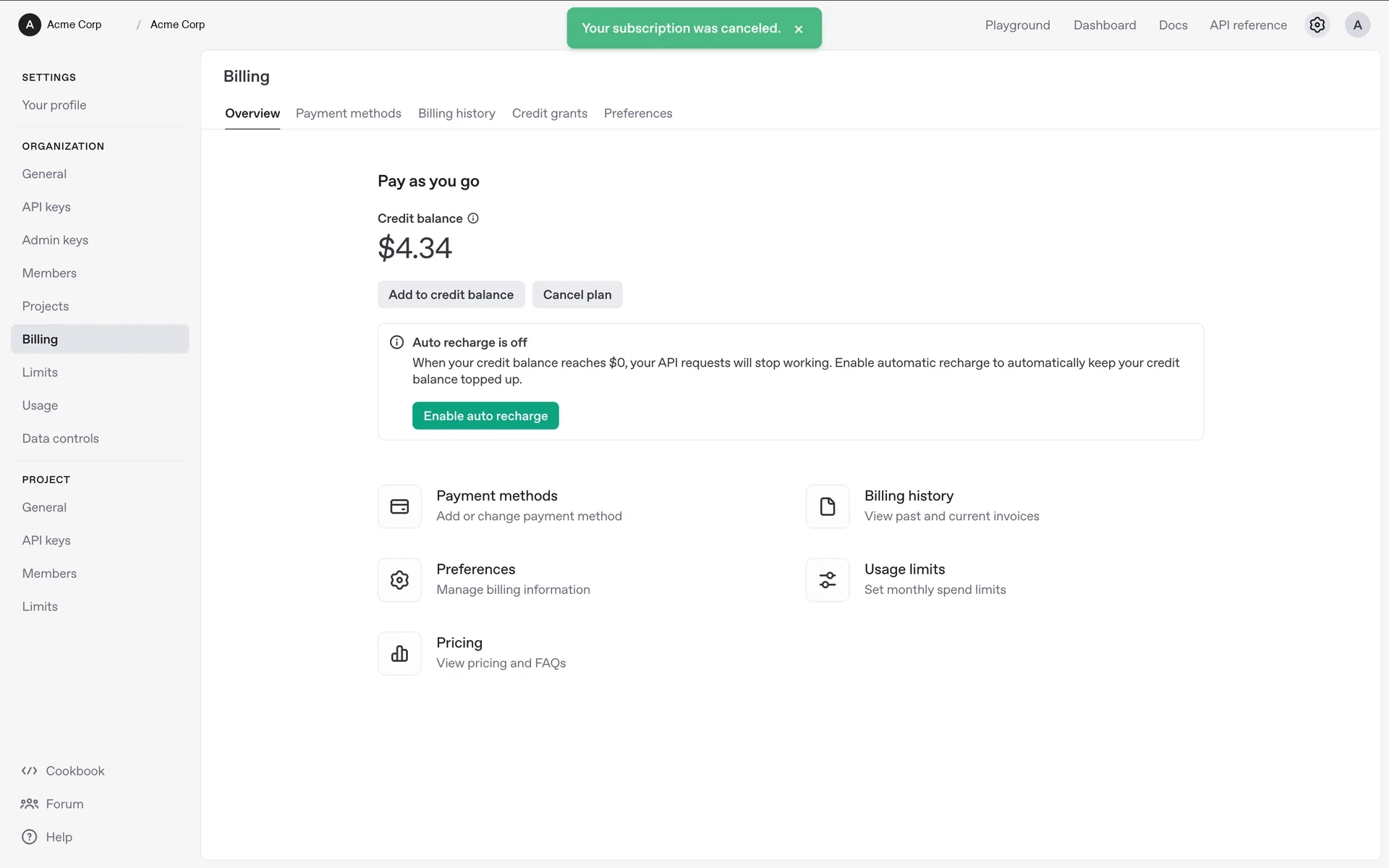 OpenAI Platform Billing Overview with a green "Your subscription was canceled" confirmation toast and the credit balance now showing $4.34