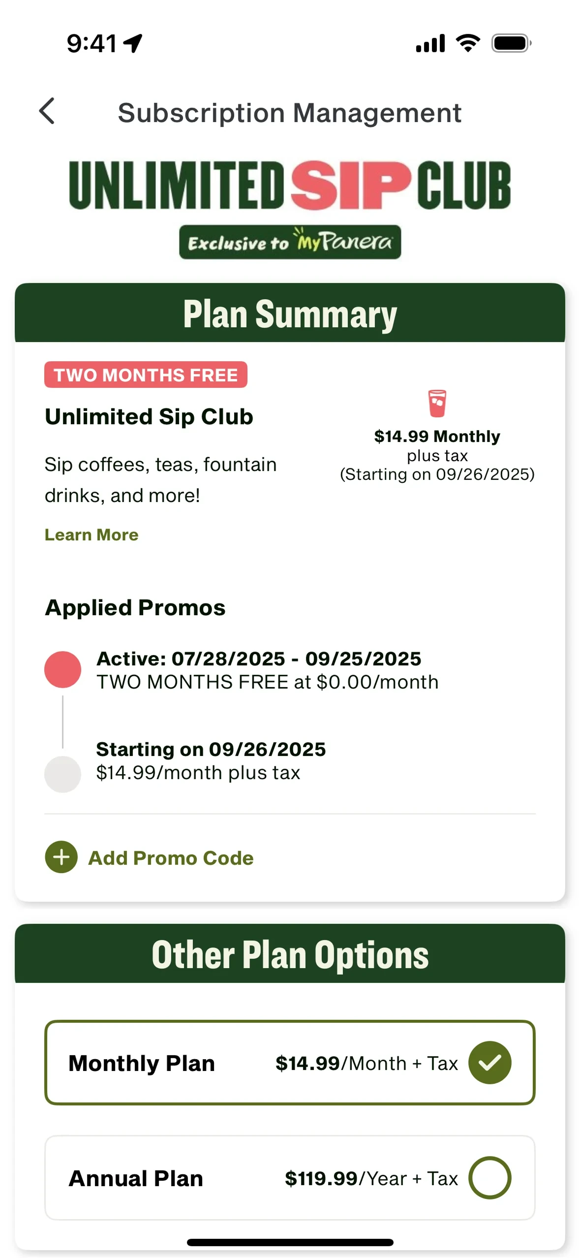 Panera Subscription Management page showing the Unlimited Sip Club plan summary and Other Plan Options with Monthly $14.99/Month and Annual $119.99/Year selectors