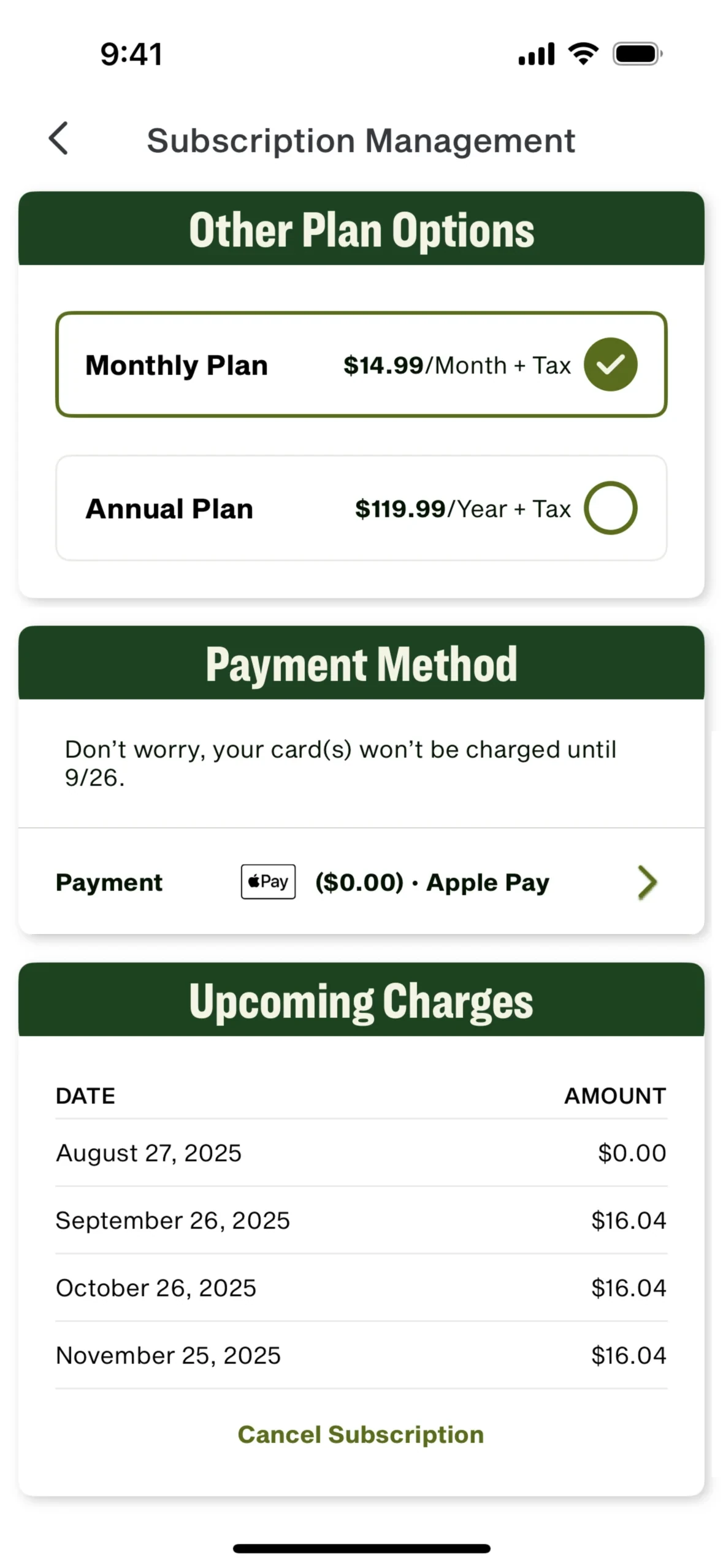 Bottom of the Panera Subscription Management page showing the Payment Method, an Upcoming Charges table, and a Cancel Subscription button