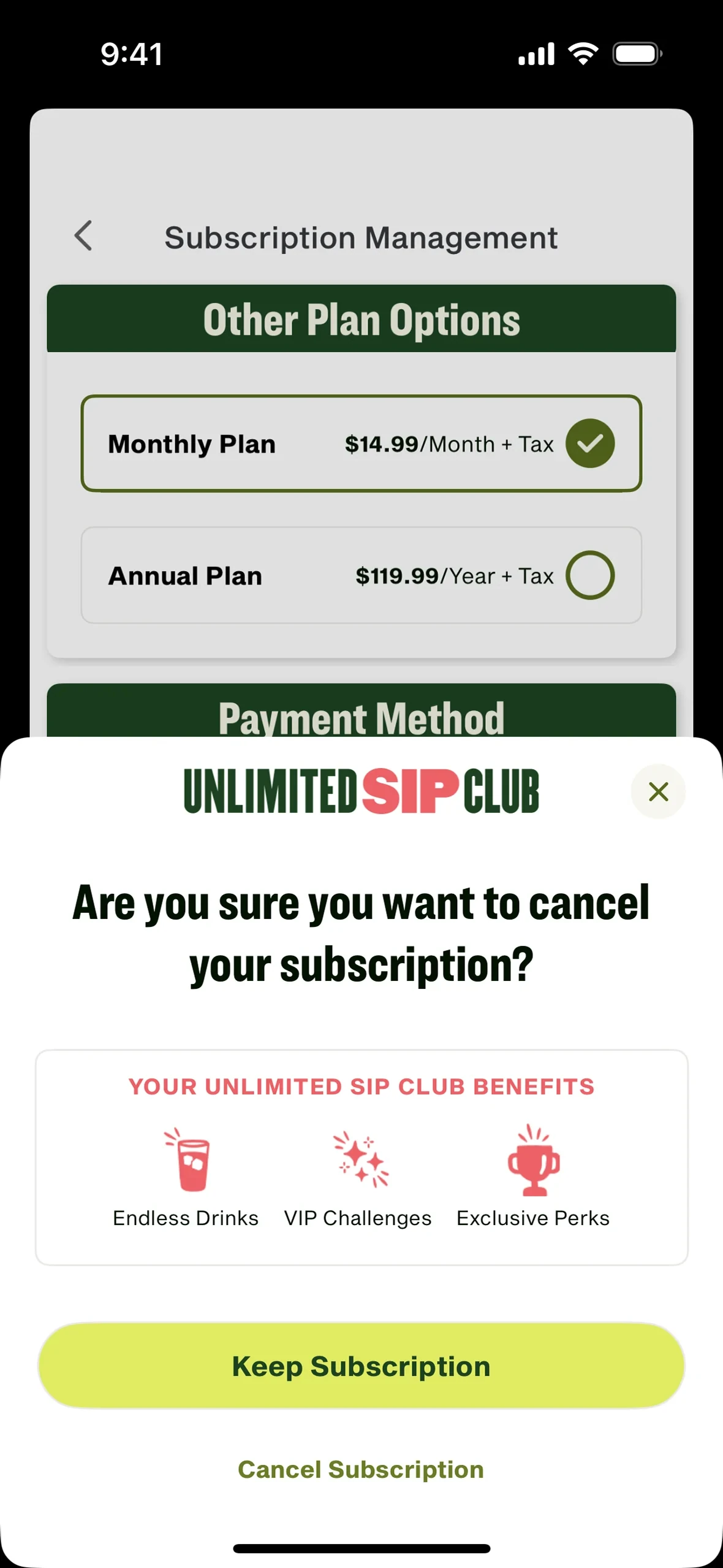Panera cancel confirmation pop-up headed "Are you sure you want to cancel your subscription?" with Endless Drinks, VIP Challenges and Exclusive Perks icons, a green Keep Subscription button, and a Cancel Subscription link below it