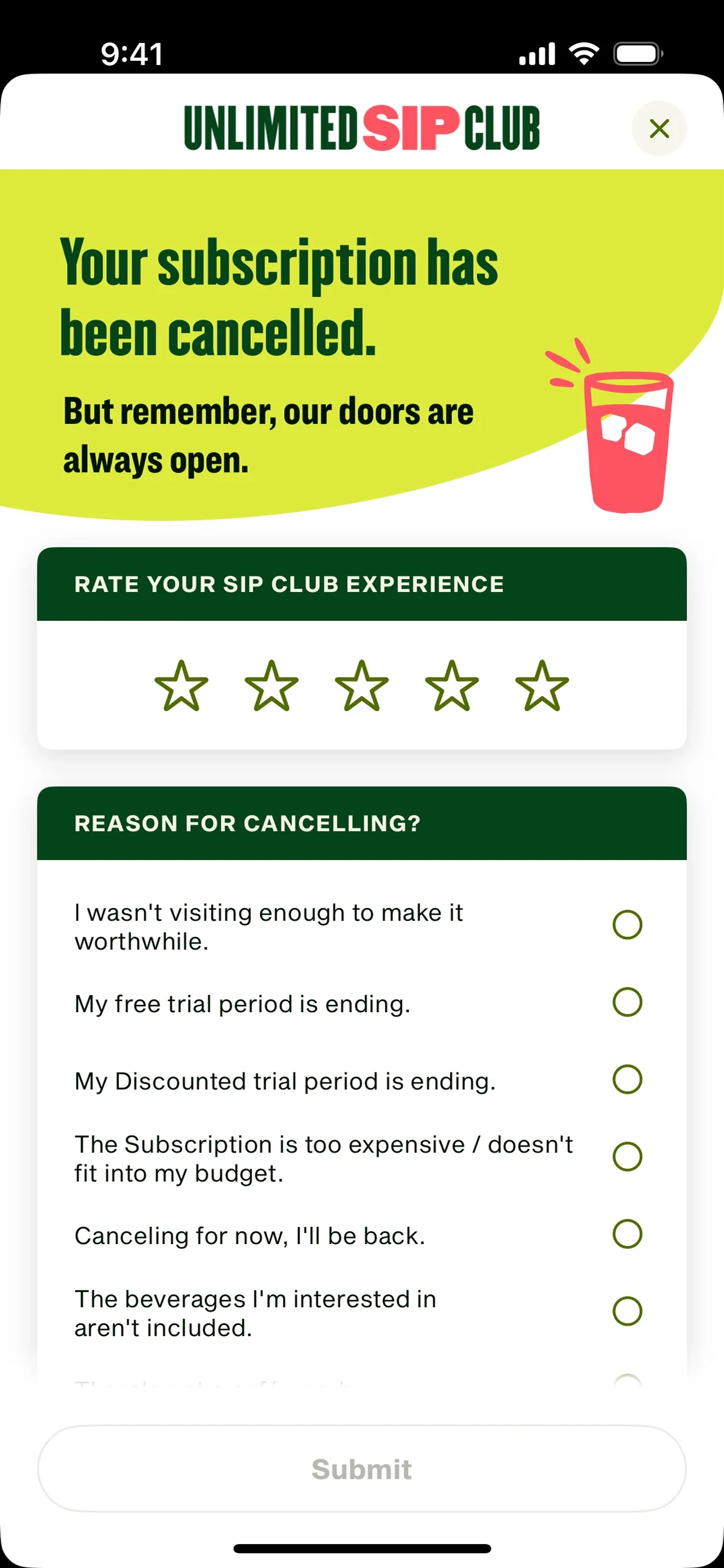 Panera "Your subscription has been cancelled" confirmation screen with a star rating and an optional Reason for Cancelling survey with radio-button options