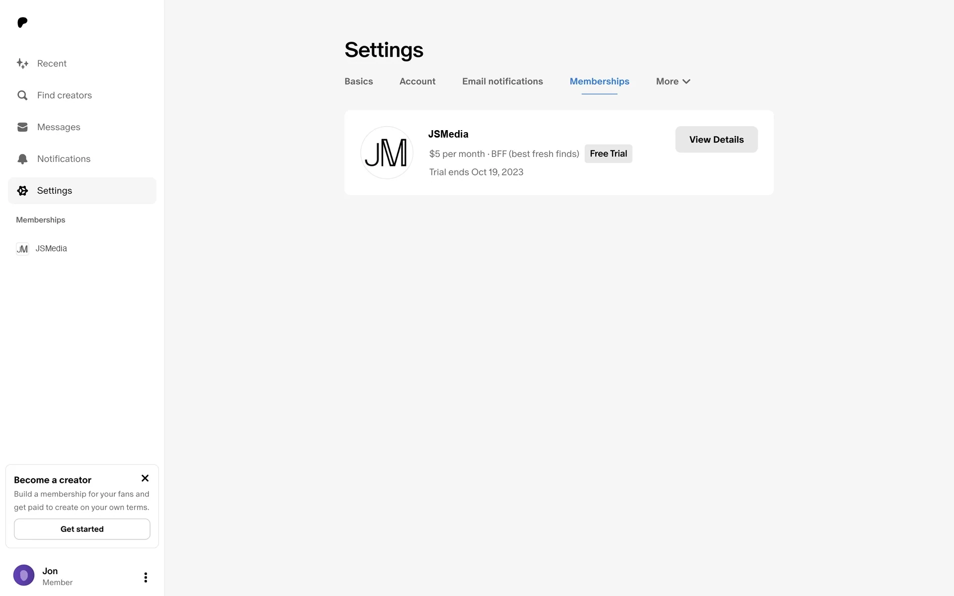 Patreon Settings page on the Memberships tab showing a JSMedia membership card priced at $5 per month on the BFF tier with a Free Trial badge and a View Details button