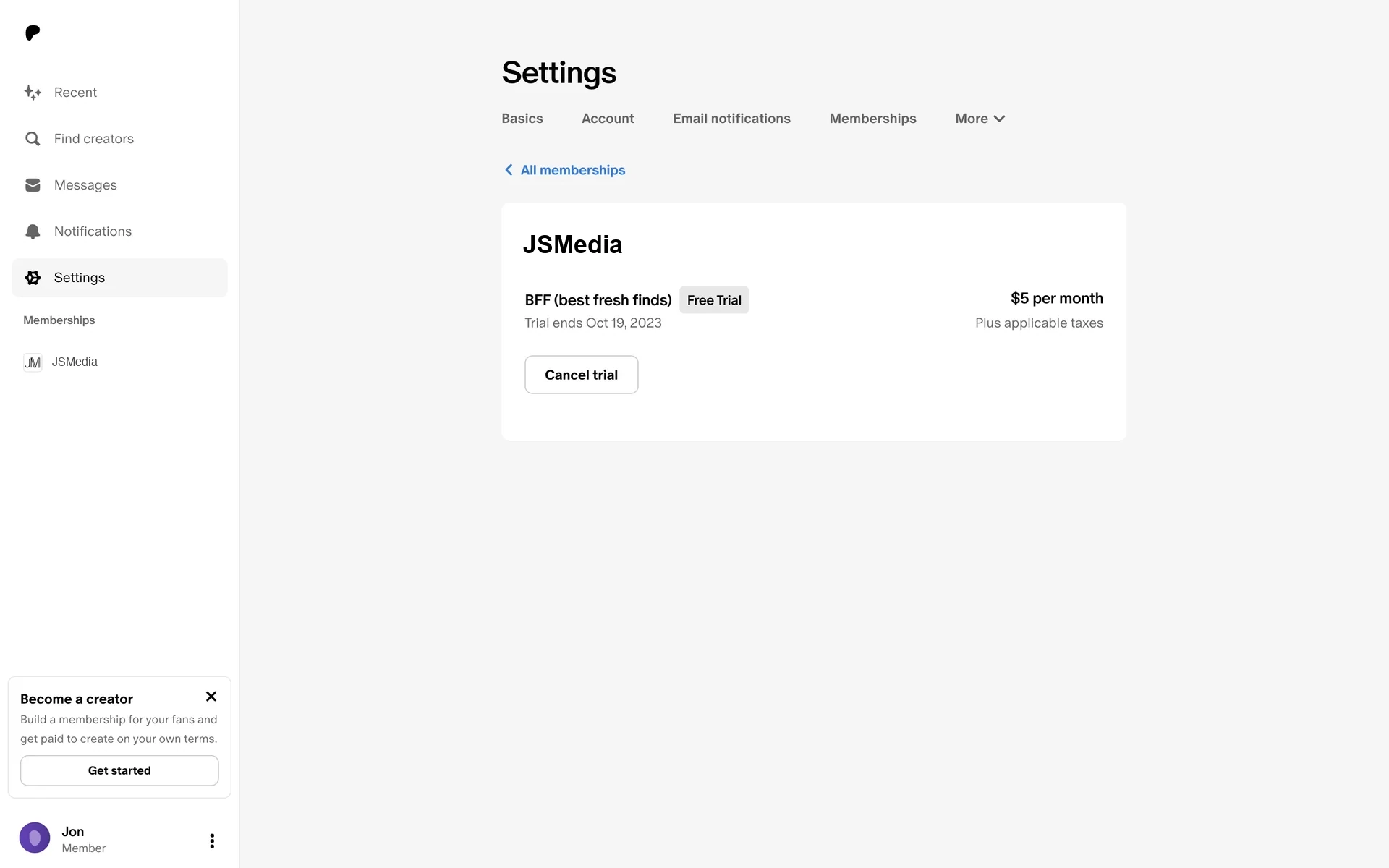 Patreon membership detail page for JSMedia showing the BFF tier, a Free Trial badge, $5 per month plus applicable taxes, and a Cancel trial button