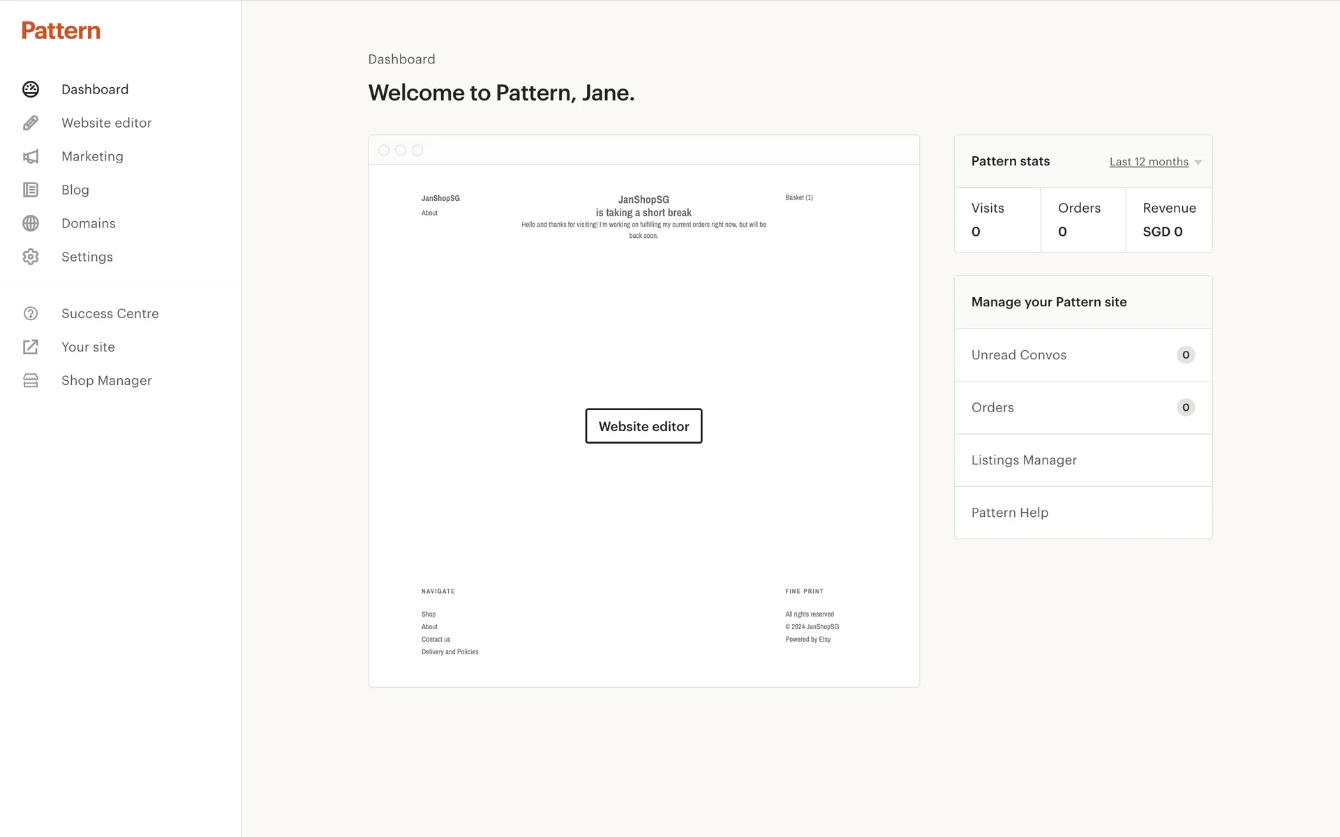 Pattern Dashboard showing the Welcome to Pattern greeting, left sidebar with Dashboard, Website editor, Marketing, Blog, Domains, and Settings links, and the right panel with Pattern stats and Manage your Pattern site section
