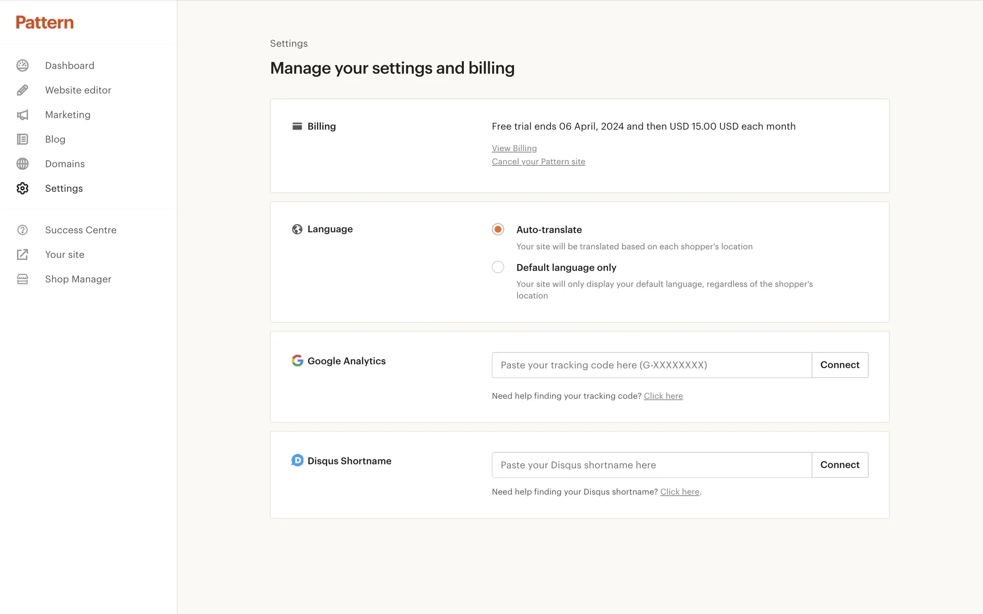 Pattern Settings page titled Manage your settings and billing, showing the Billing section with free trial dates and the $15.00 USD monthly subscription fee, Language settings with Auto translate toggle, and Google Analytics and Disqus Discussions integration sections