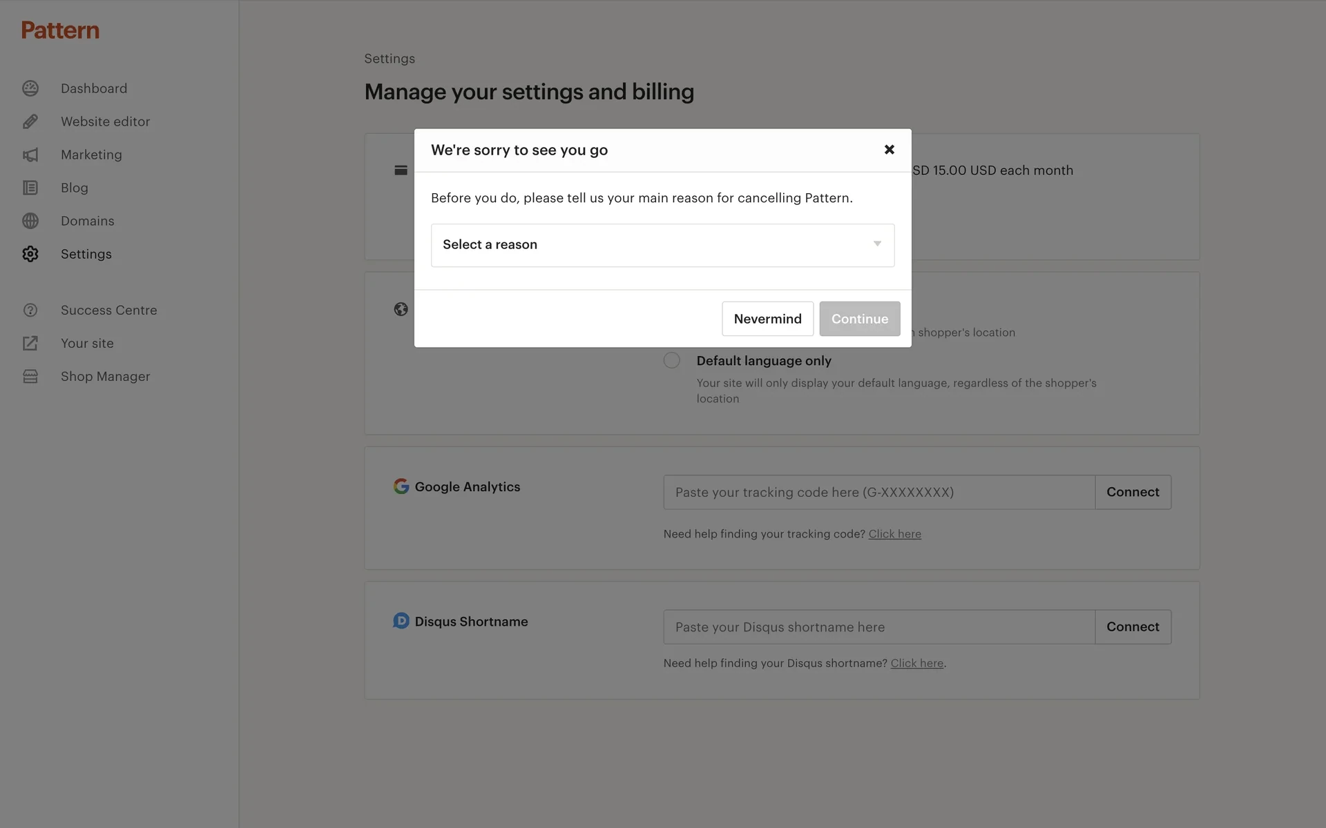 Cancel survey modal titled We're sorry to see you go with a Select a reason dropdown and Remember and Cancel buttons at the bottom