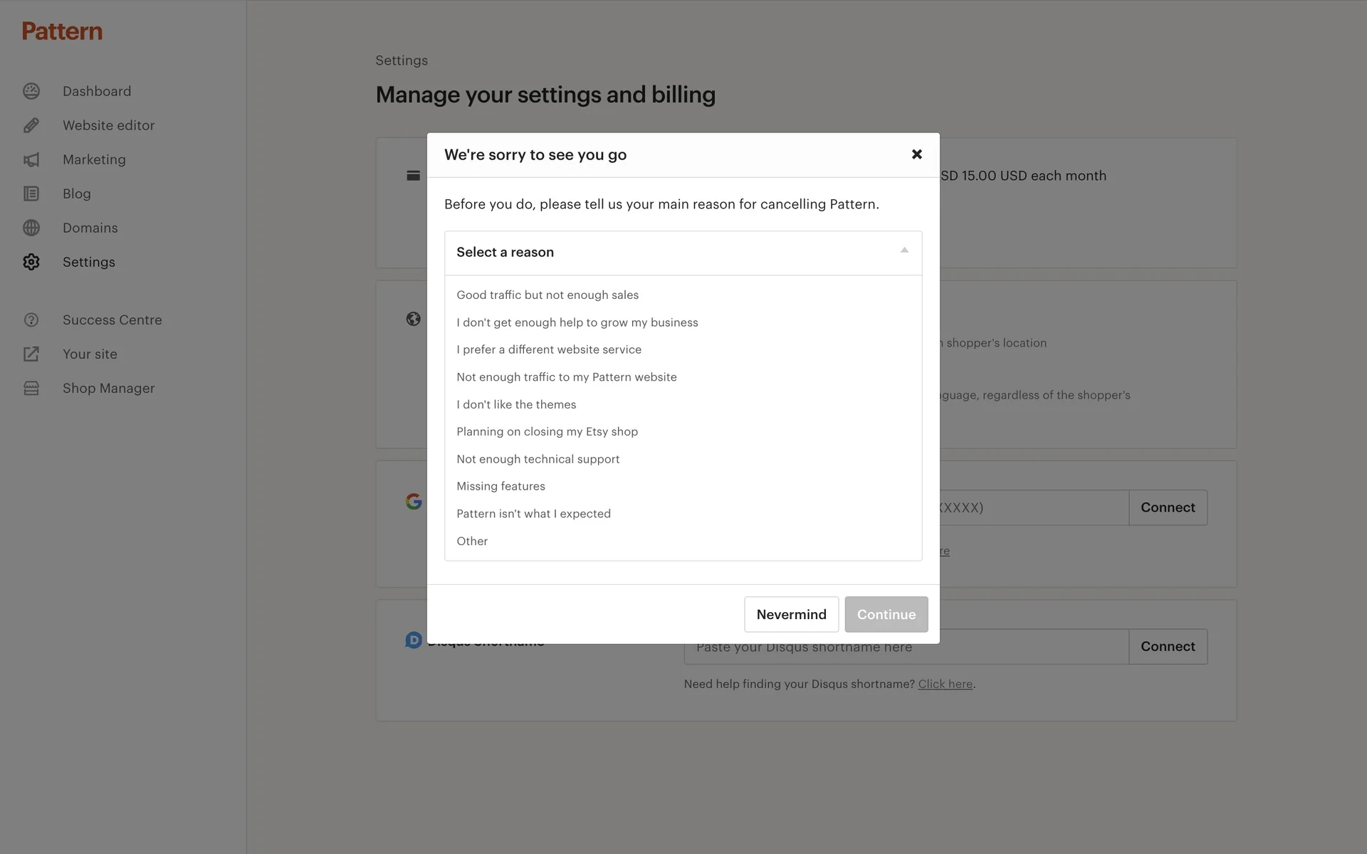 Cancel survey with the reason dropdown expanded showing options including I can't afford it at this price, I ran into technical problems, I use a different website platform, I'm closing my Etsy Shop, Too little traffic, My trial is about to end, Not enough site design flexibility, and more