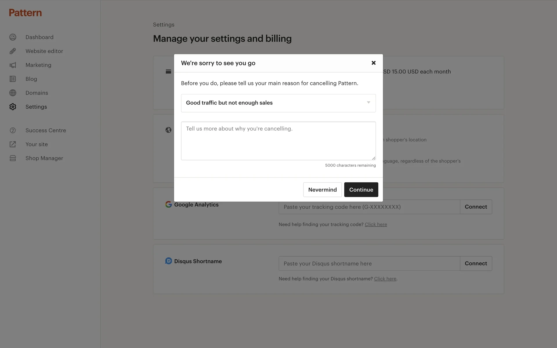 Cancel survey with a reason selected and the Tell us more about why you're cancelling free-text field visible, plus Remember and Cancel Pattern buttons at the bottom