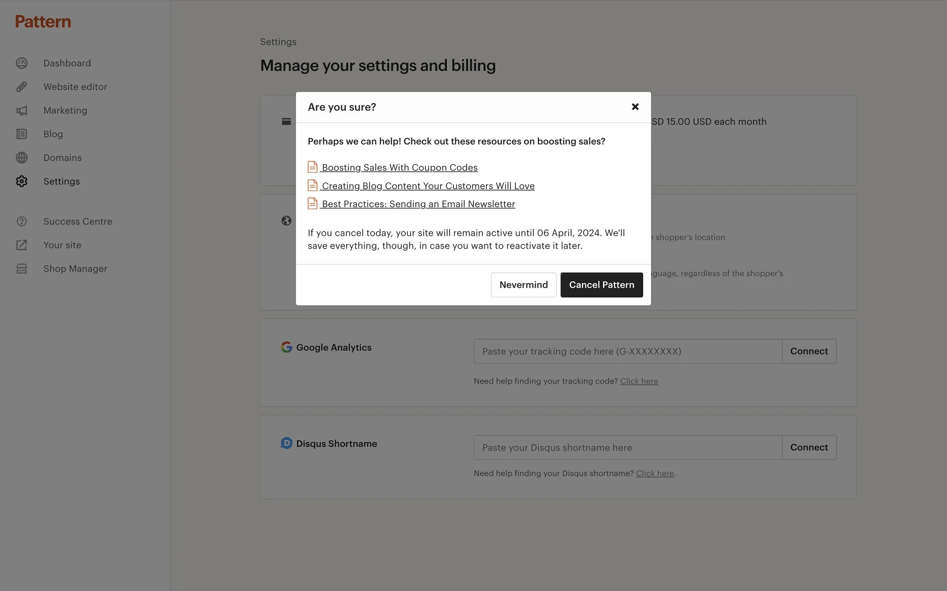 Are you sure retention screen showing Perhaps we can help with three resource links for boosting sales, the cancellation date notice, and Return to and Cancel Pattern buttons