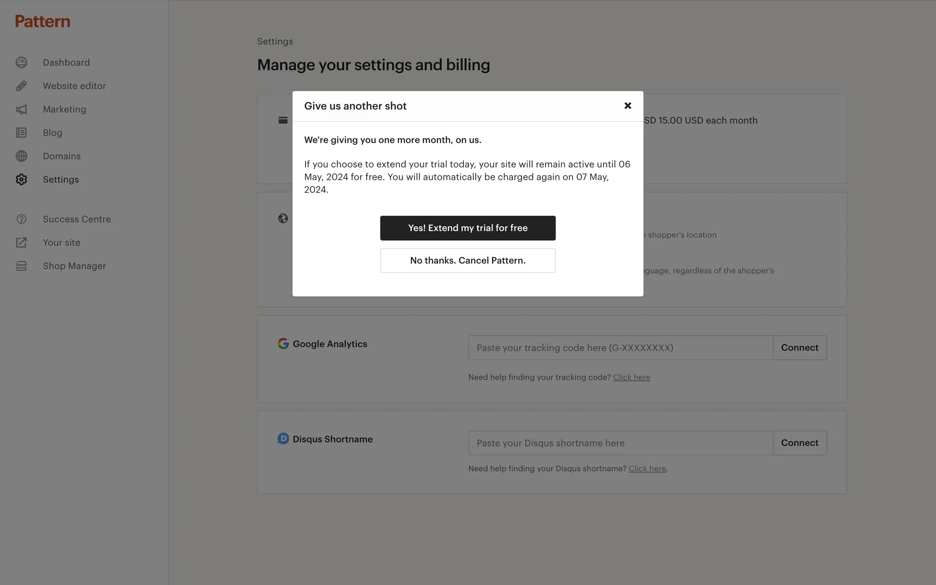 Give us another shot modal offering one free extra month with the text We're giving you one more month on us, a Keep it and try it for free button, and a No thanks Cancel Pattern link at the bottom