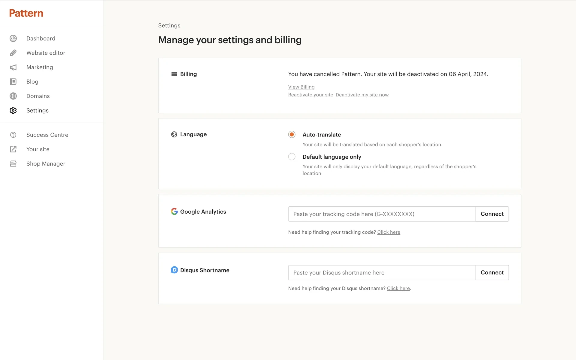 Pattern Settings page showing a confirmation banner stating You have cancelled Pattern with the deactivation date and a Reactivate link