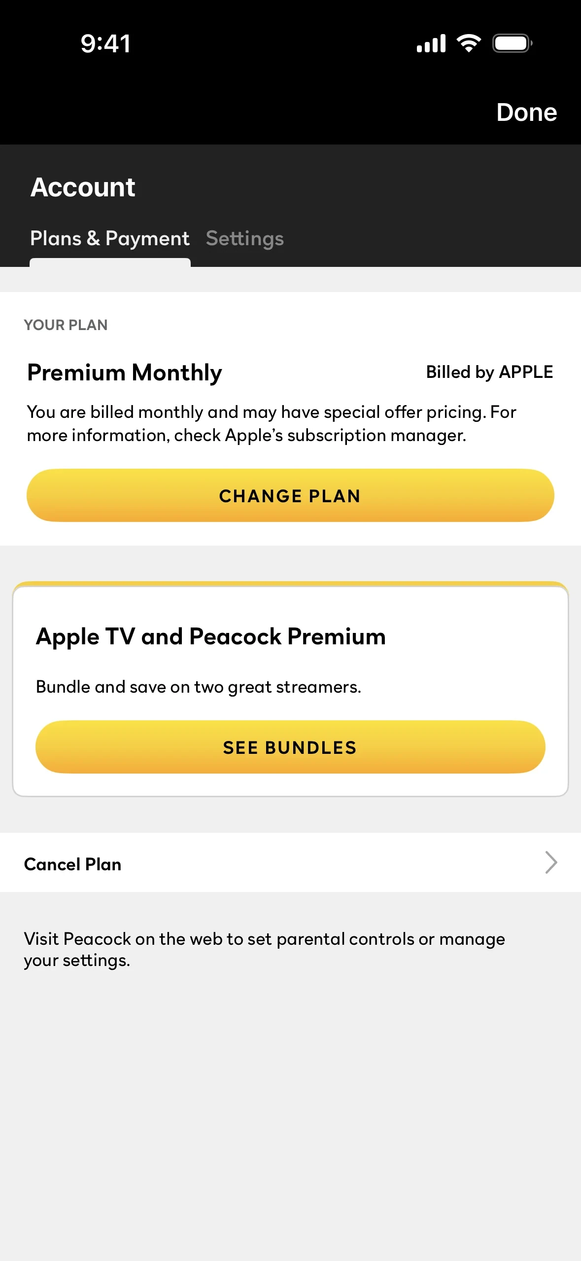 Peacock iOS Plans & Payment screen showing Premium Monthly with the Billed by APPLE badge, the CHANGE PLAN button, an Apple TV and Peacock Premium bundle card with SEE BUNDLES, and the Cancel Plan row at the bottom