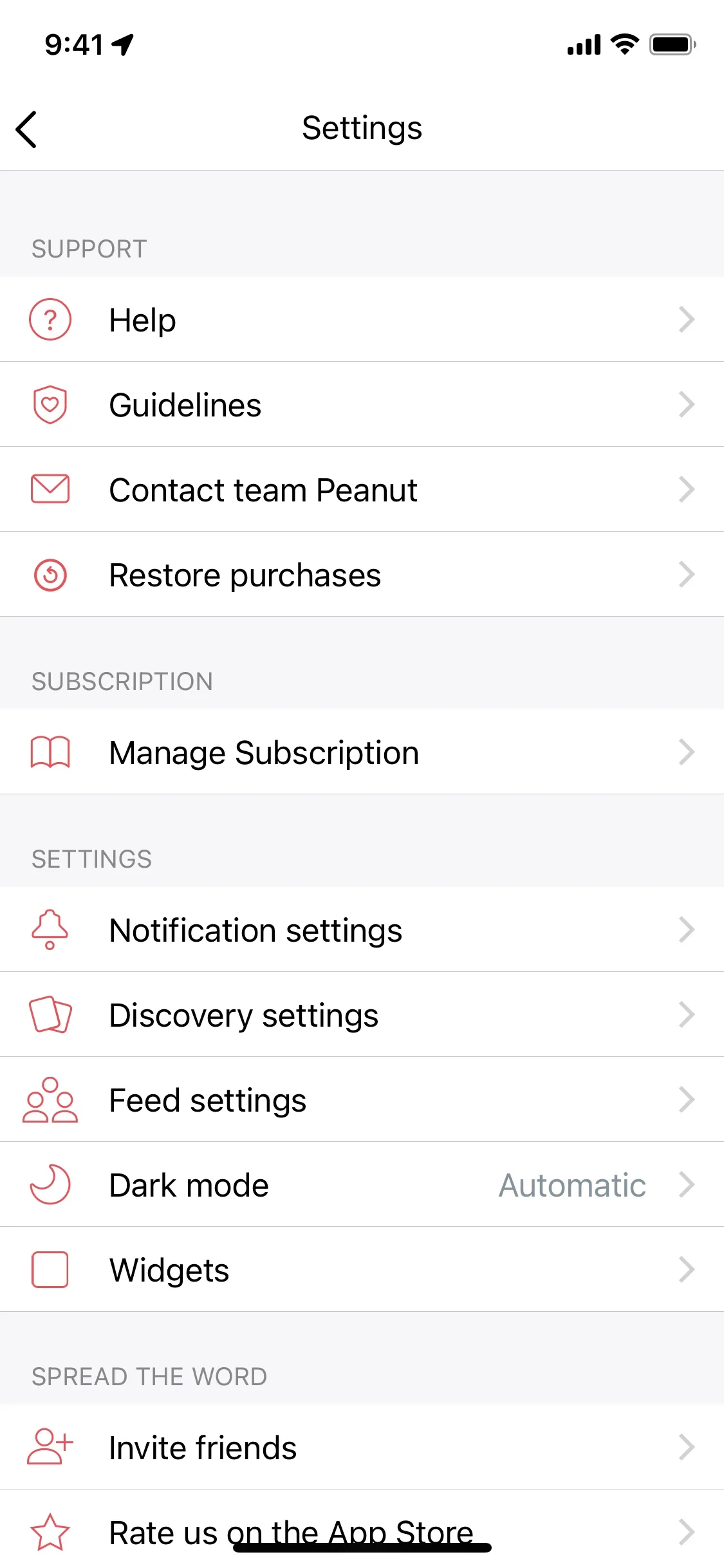 Peanut iOS Settings screen with SUPPORT rows for Help, Guidelines, Contact team Peanut, and Restore purchases, then a SUBSCRIPTION section containing Manage Subscription, followed by Notification settings, Discovery settings, and other SETTINGS rows