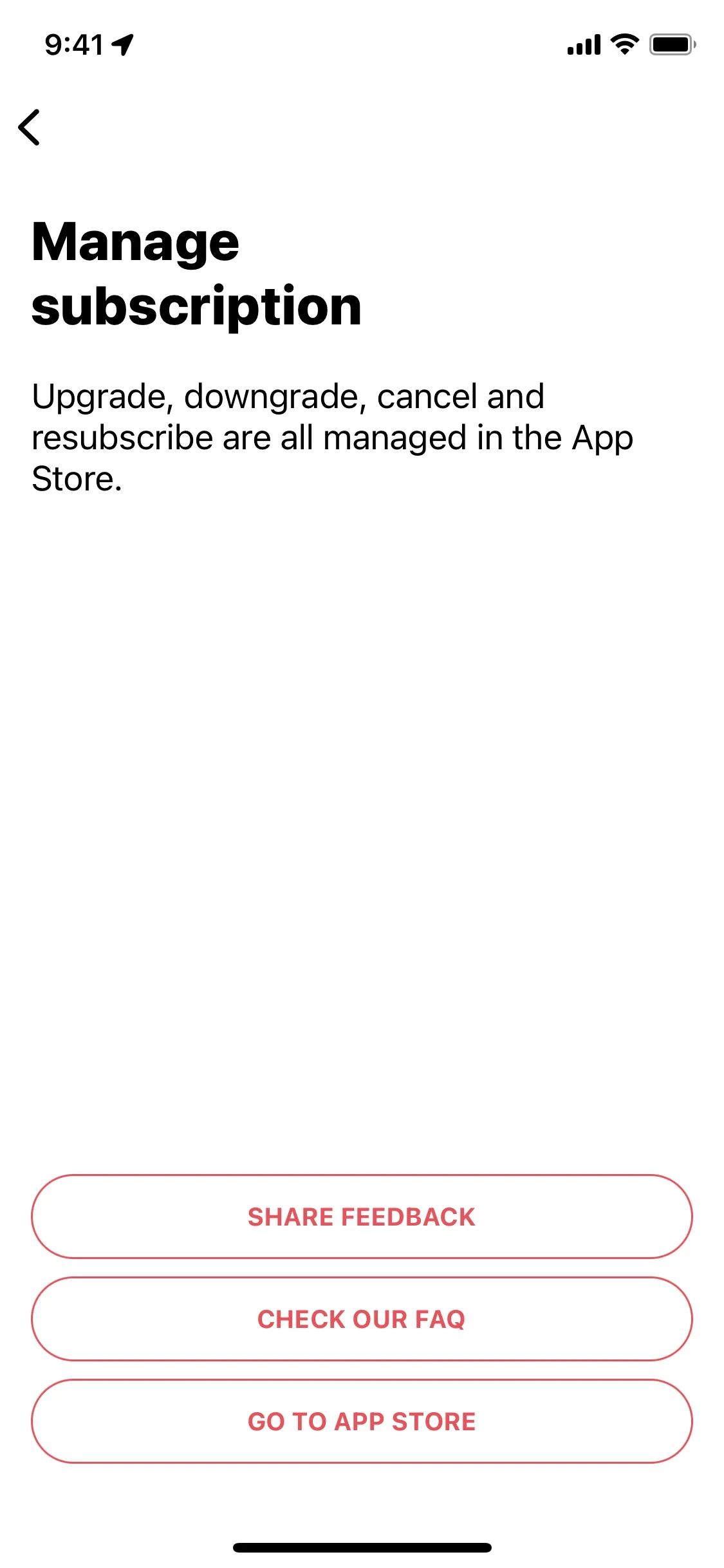 Peanut Manage subscription screen with the heading Manage subscription, body text reading Upgrade, downgrade, cancel and resubscribe are all managed in the App Store, and three pink-outlined buttons labeled SHARE FEEDBACK, CHECK OUR FAQ, and GO TO APP STORE