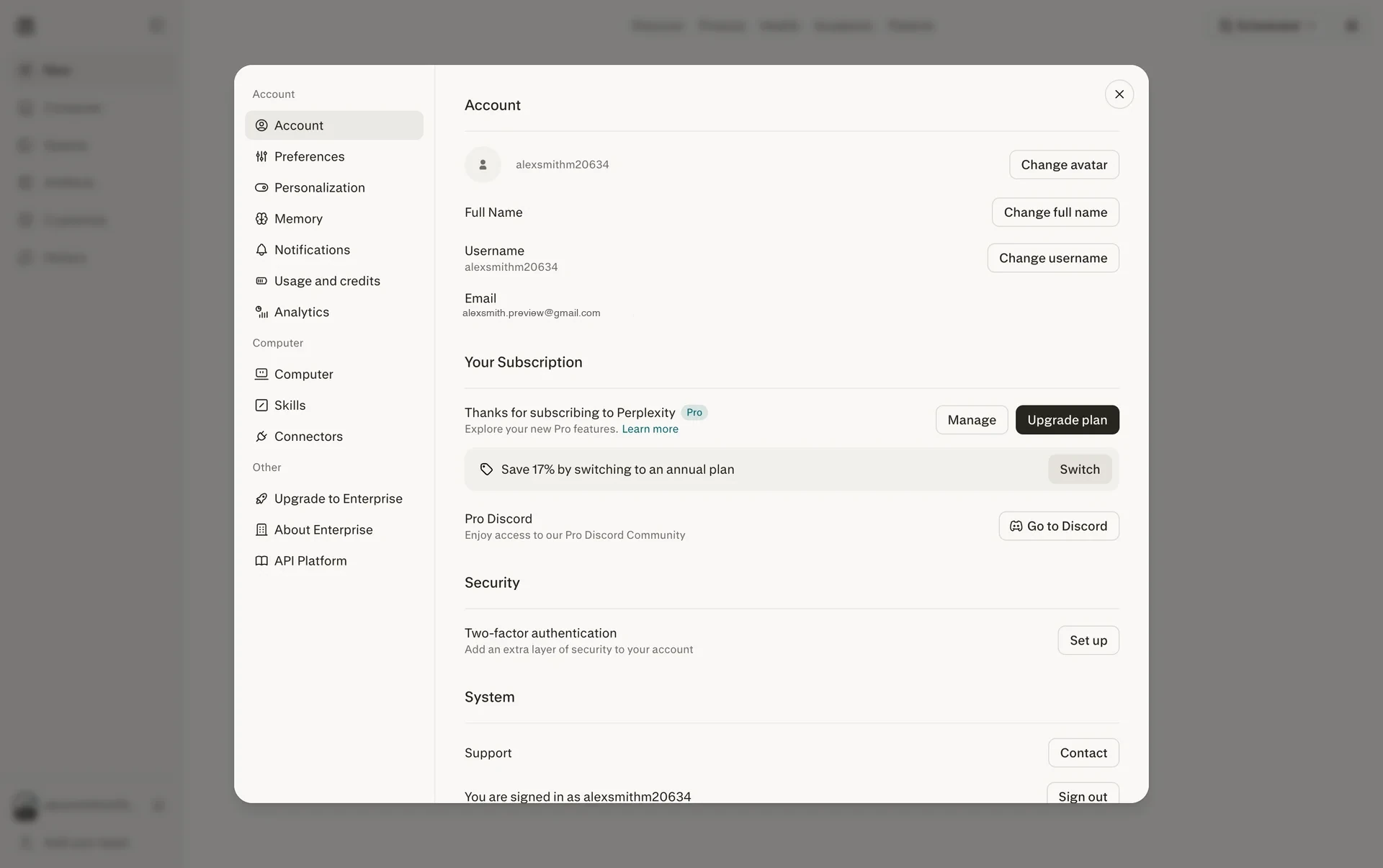 Perplexity Account settings showing Your Subscription with "Thanks for subscribing to Perplexity Pro", Manage and Upgrade plan buttons, and a Save 17% by switching to an annual plan row with a Switch button