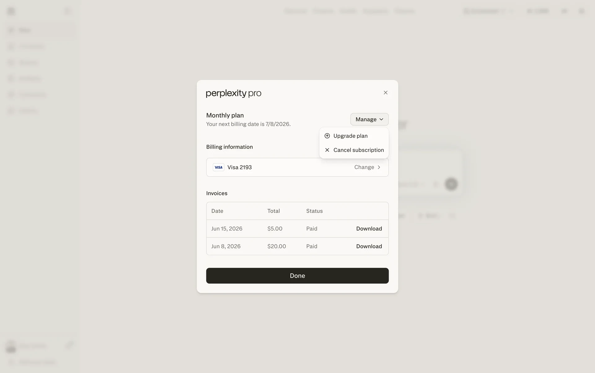 Perplexity Pro dialog with the Manage menu open, listing Upgrade plan and Cancel subscription above the billing and invoices sections