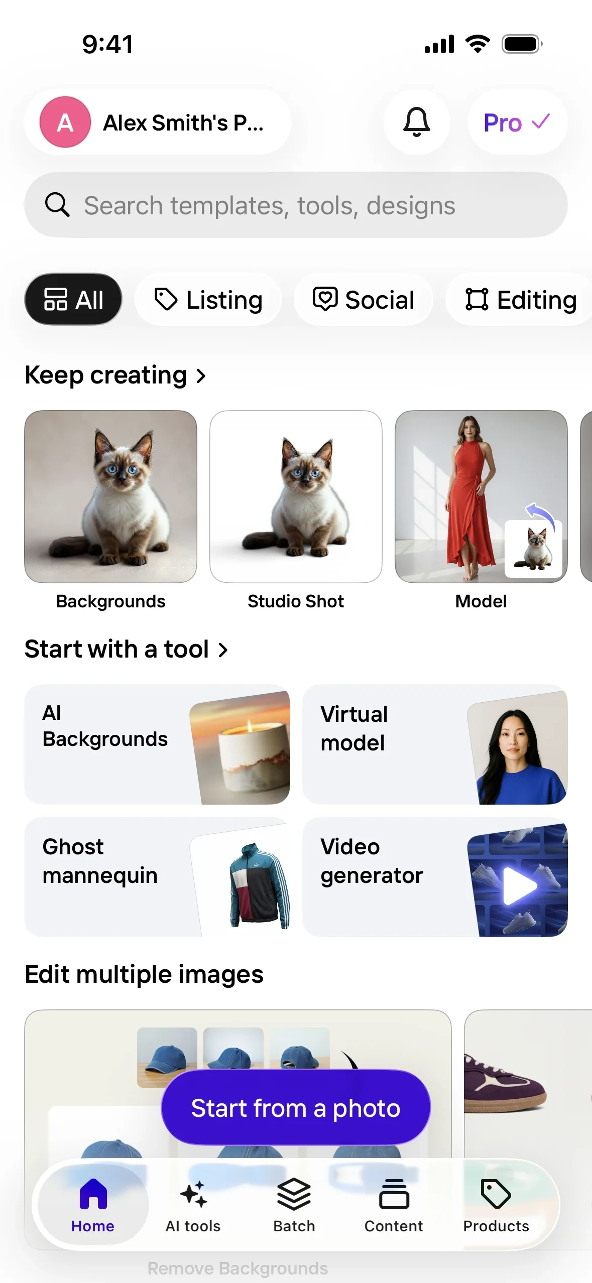 Photoroom iOS home screen with the Space name "Alex Smith's P..." at the top left, a purple "Pro" badge with a checkmark at the top right, a search field, and Keep creating and Start with a tool sections below