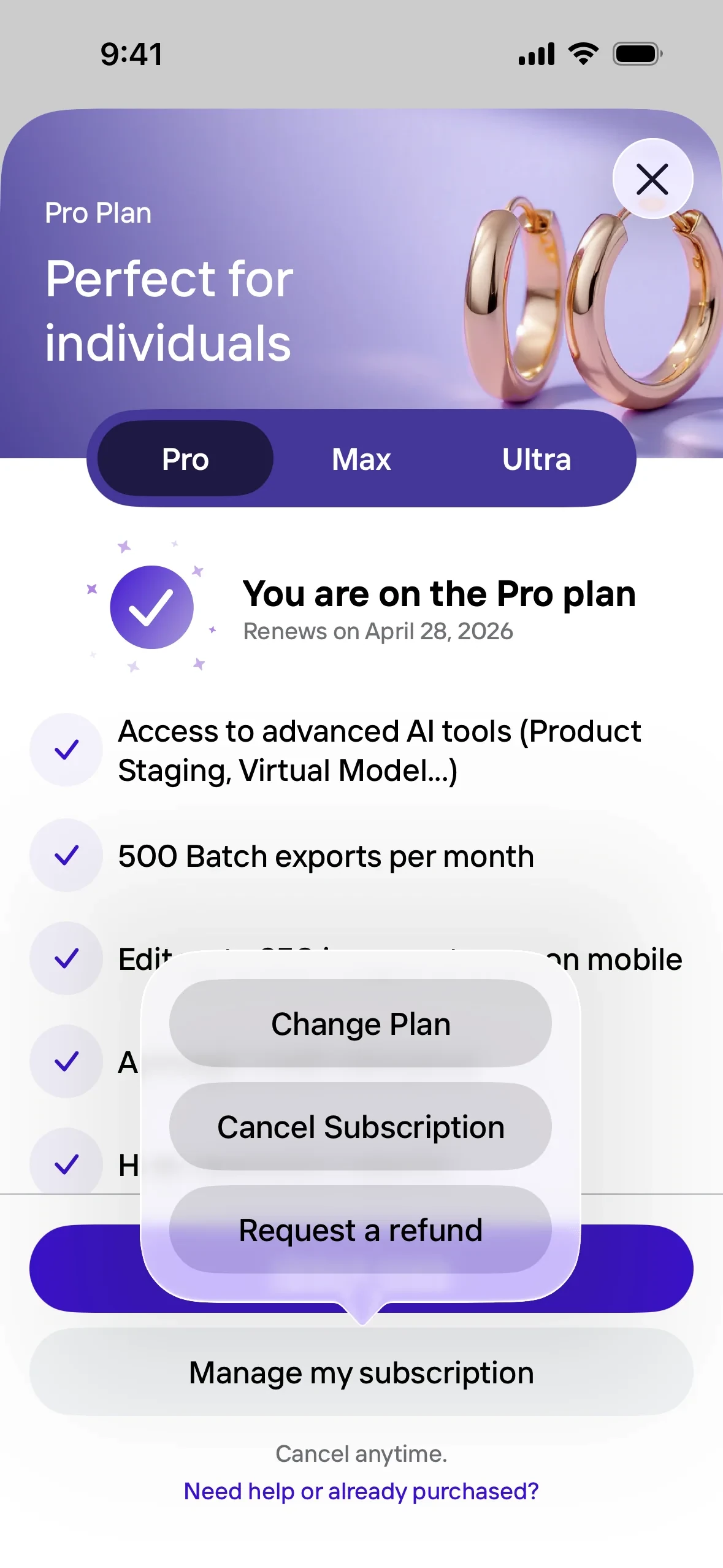 Photoroom action menu floating above the Manage my subscription button with three stacked options: Change Plan, Cancel Subscription, and Request a refund