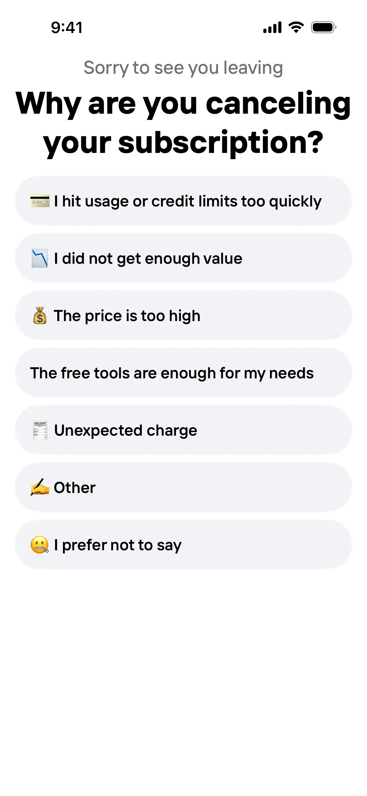 Photoroom cancellation survey headed "Sorry to see you leaving / Why are you canceling your subscription?" listing seven tappable options: I hit usage or credit limits too quickly, I did not get enough value, The price is too high, The free tools are enough for my needs, Unexpected charge, Other, and I prefer not to say