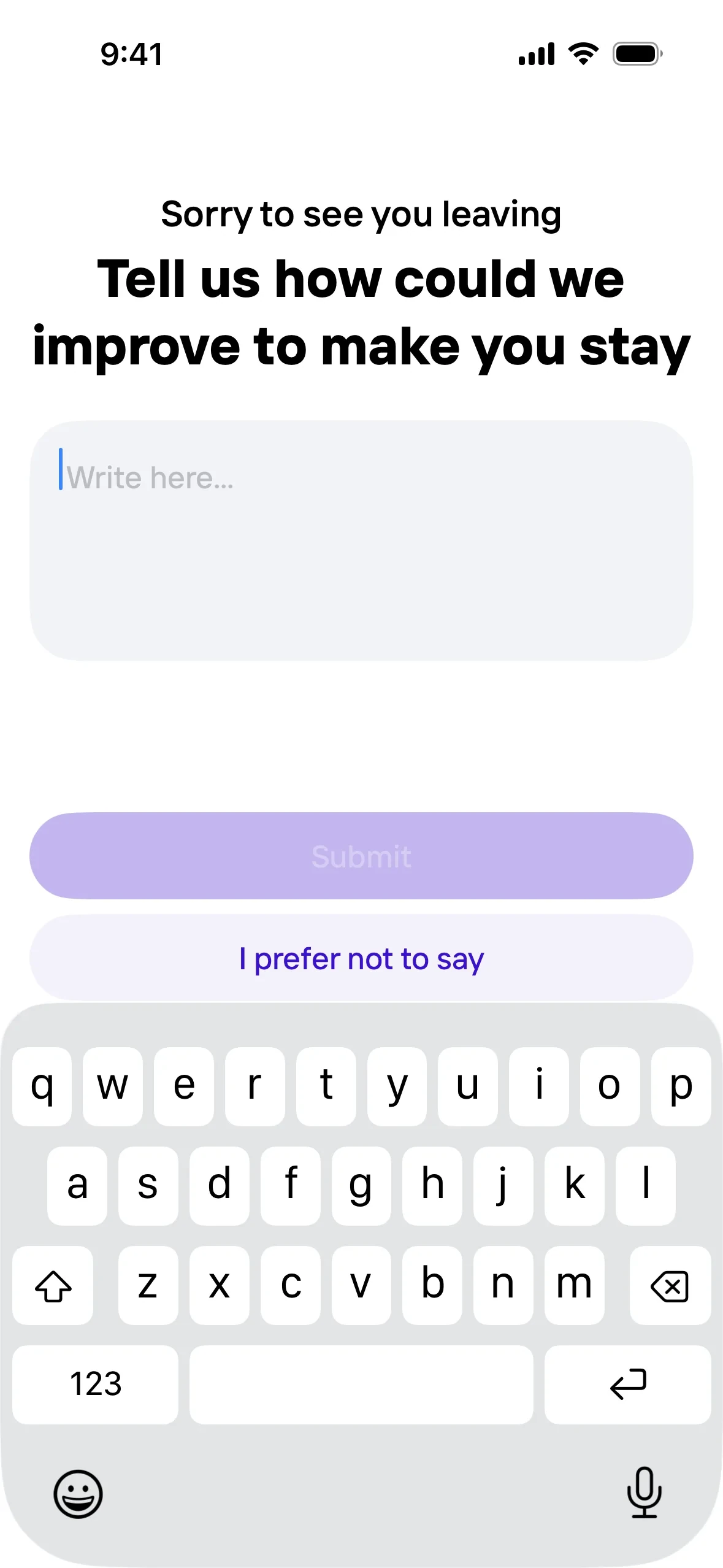 Photoroom feedback screen headed "Tell us how could we improve to make you stay" with an empty "Write here..." text box, a faded and inactive Submit button, an "I prefer not to say" button below it, and the iOS keyboard open