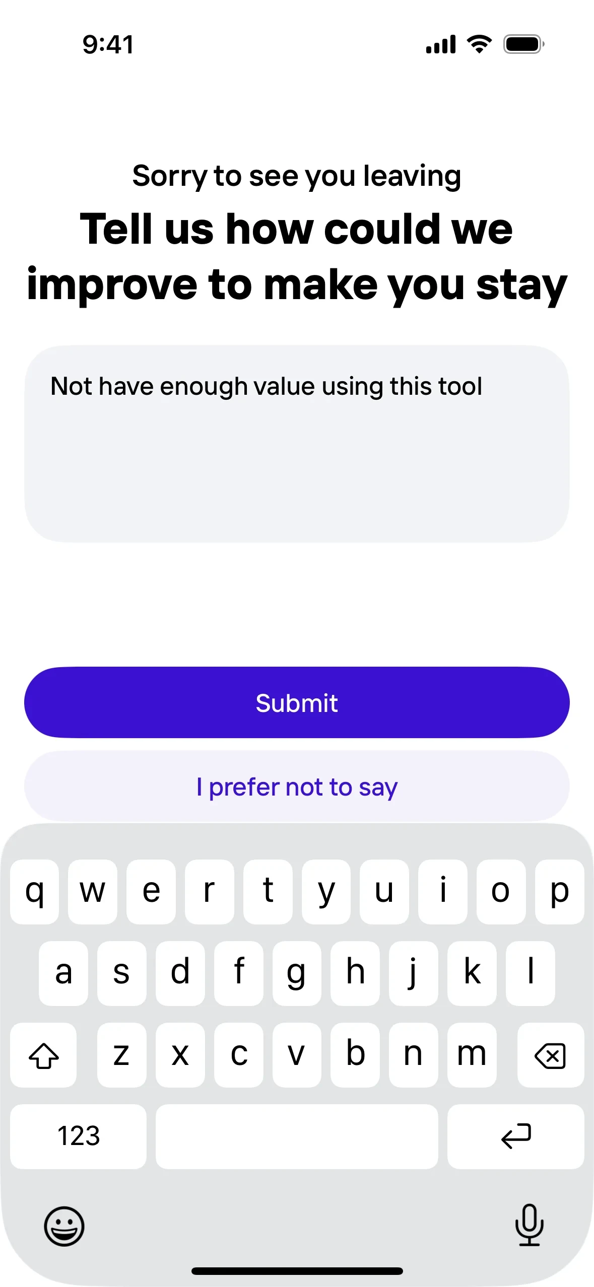 The same feedback screen with "Not have enough value using this tool" typed into the text box and the Submit button now solid purple and active, with I prefer not to say still available beneath it