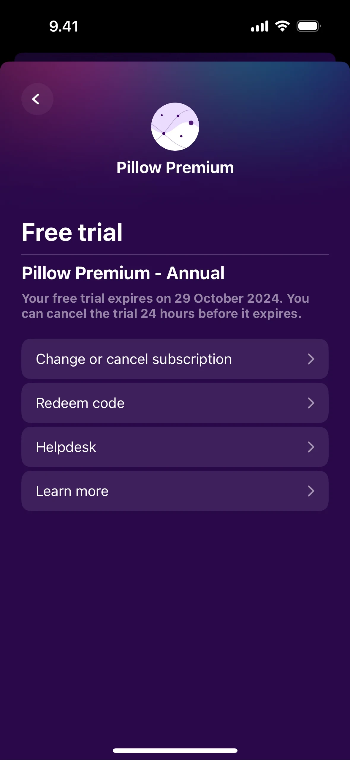 Pillow Premium management screen showing a Pillow Premium Annual free trial with Change or cancel subscription, Redeem code, Helpdesk, and Learn more options