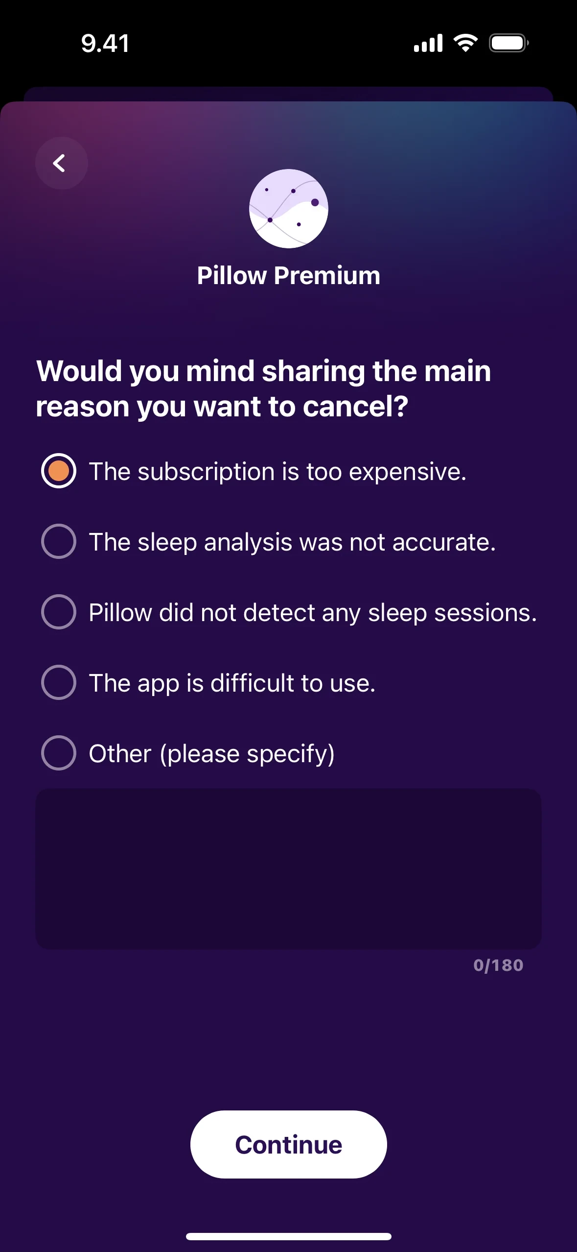 Pillow cancellation reason survey asking the main reason for canceling, with the too expensive option selected and a Continue button