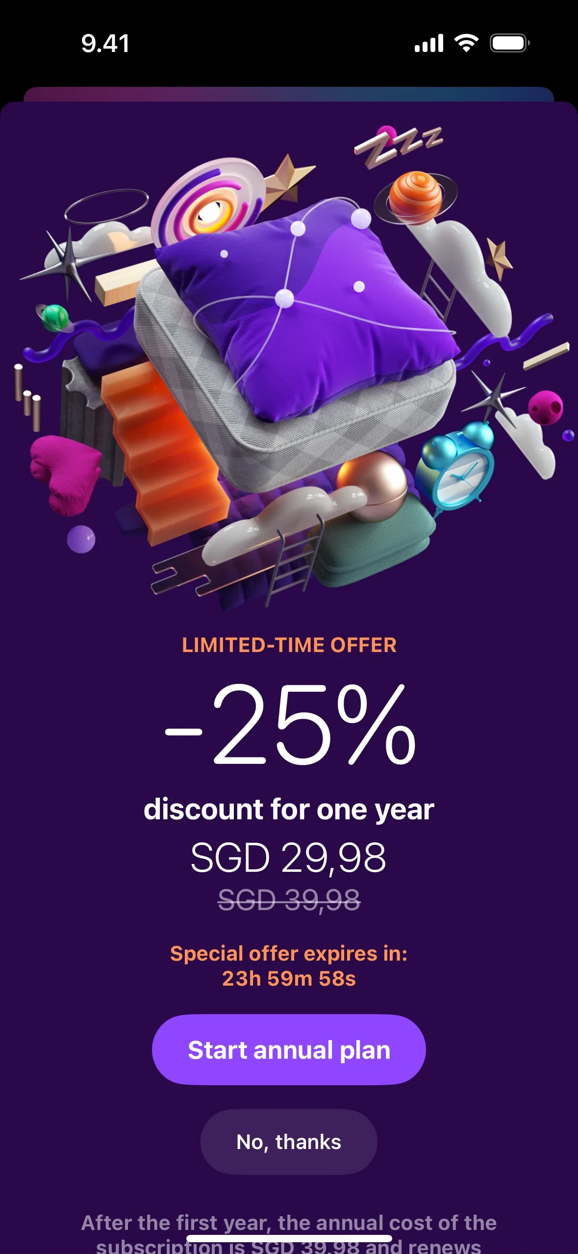 Pillow limited-time offer screen showing minus 25 percent discount for one year with Start annual plan and No, thanks buttons and a 24-hour countdown timer
