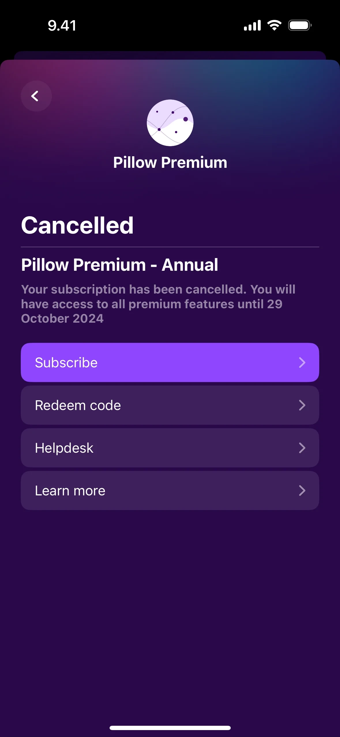 Pillow screen showing Cancelled status for Pillow Premium Annual with a note that premium access continues until the period end date