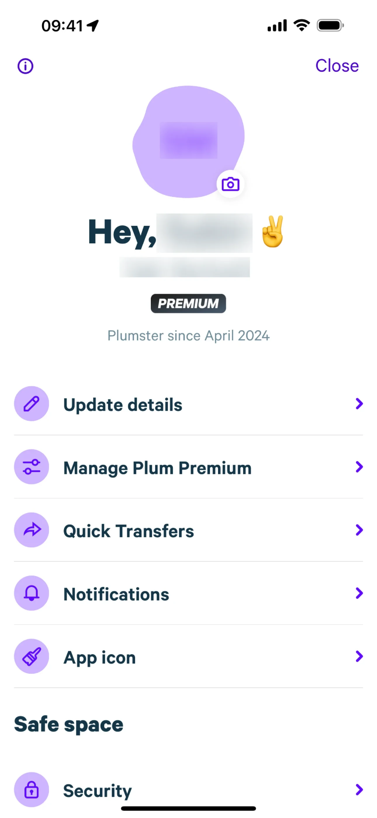 Plum iOS Profile screen greeting the user with a black PREMIUM badge, Plumster since April 2024, and a Manage Plum Premium row in the menu list