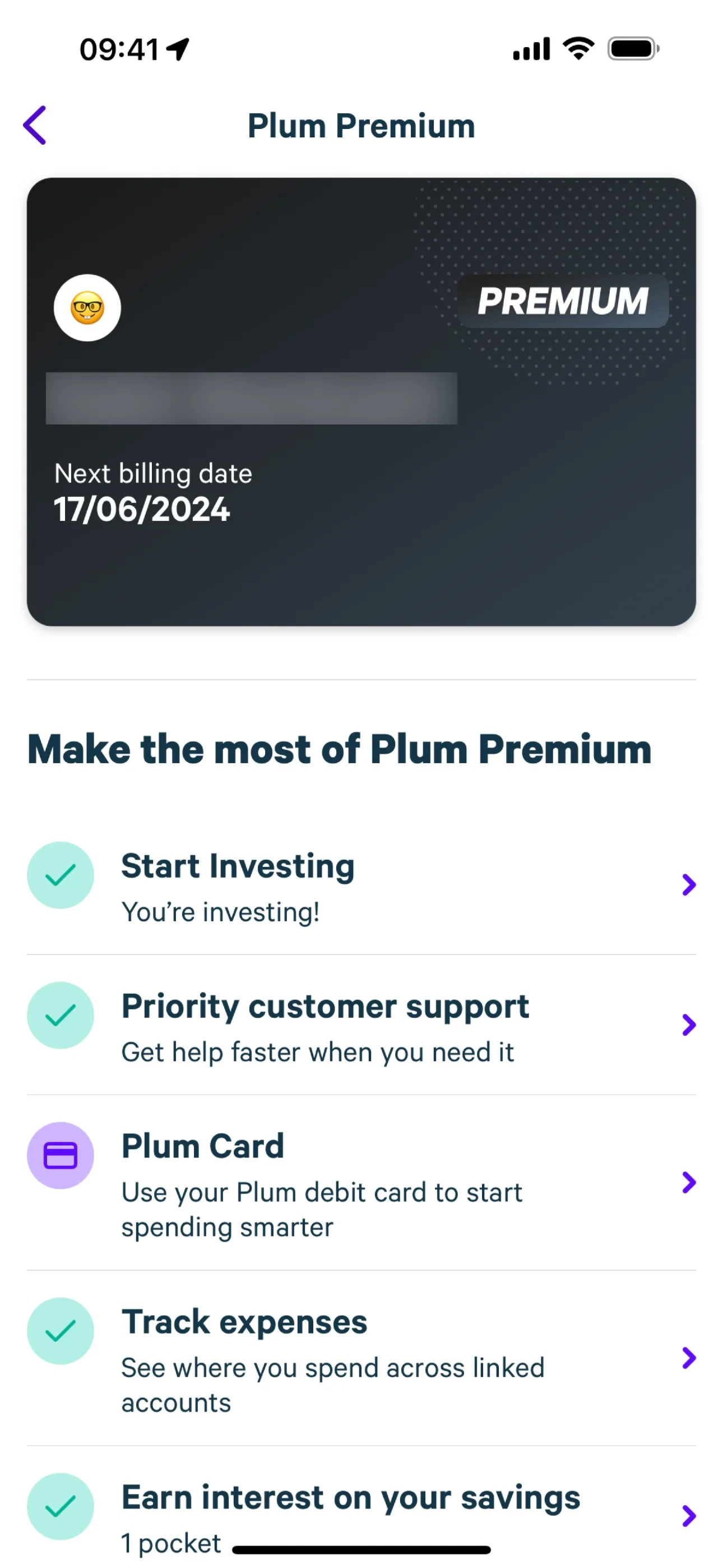 Plum Premium plan page with a dark status card showing Next billing date 17/06/2024 and a Make the most of Plum Premium feature checklist