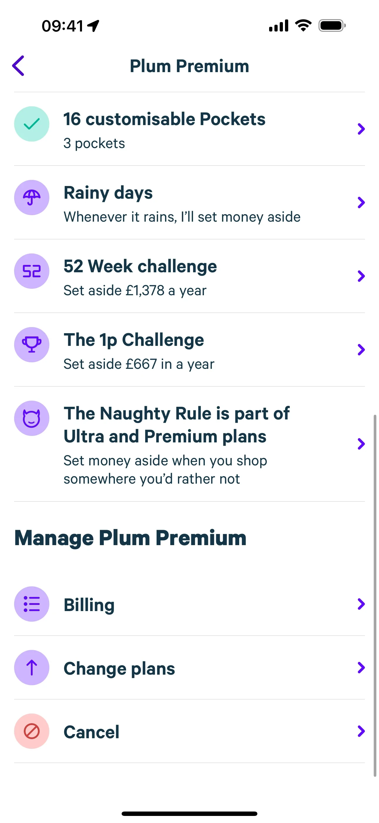 Scrolled Plum Premium screen showing Manage Plum Premium with Billing, Change plans, and a Cancel row with a red prohibited icon