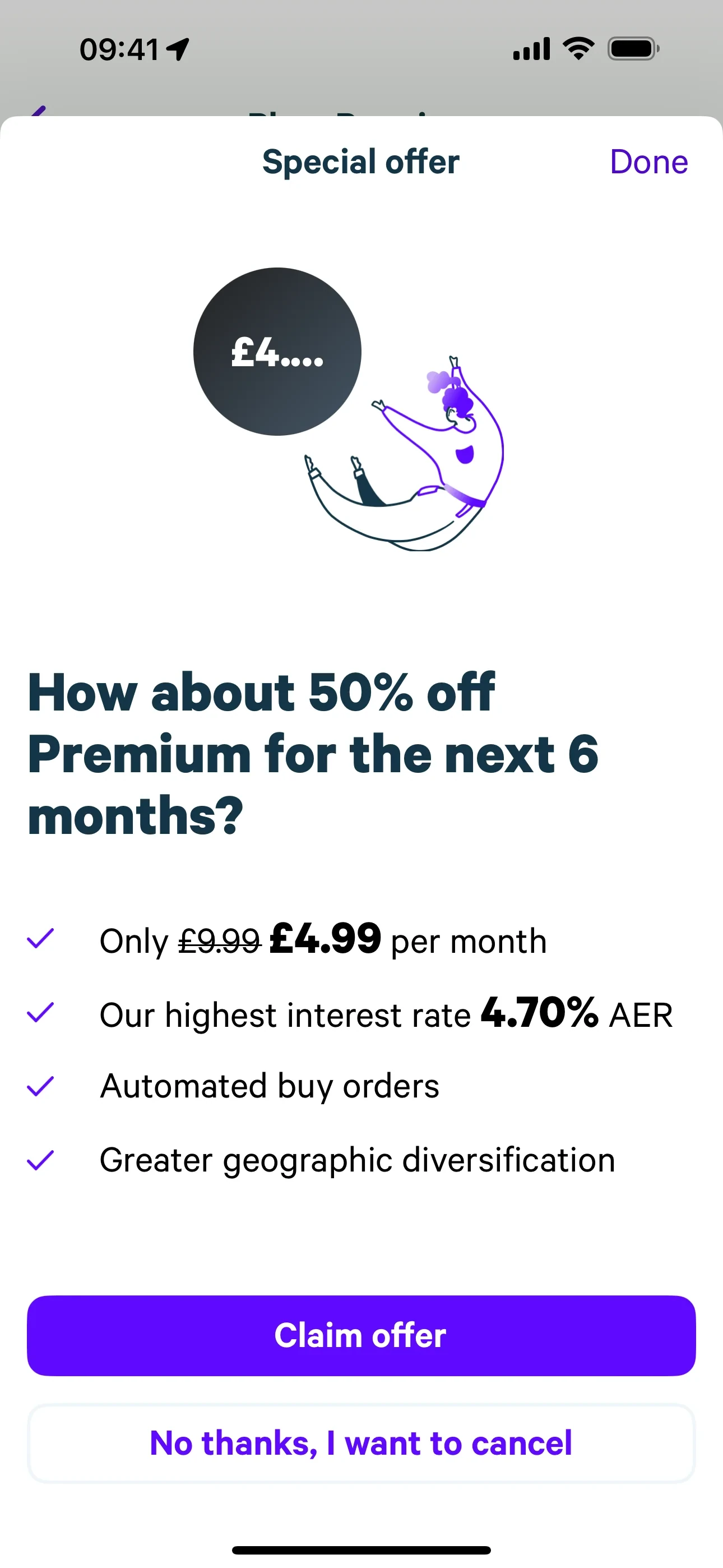 Plum Special offer screen asking How about 50% off Premium for the next 6 months with Claim offer and No thanks, I want to cancel buttons, showing strikethrough £9.99 and £4.99 per month