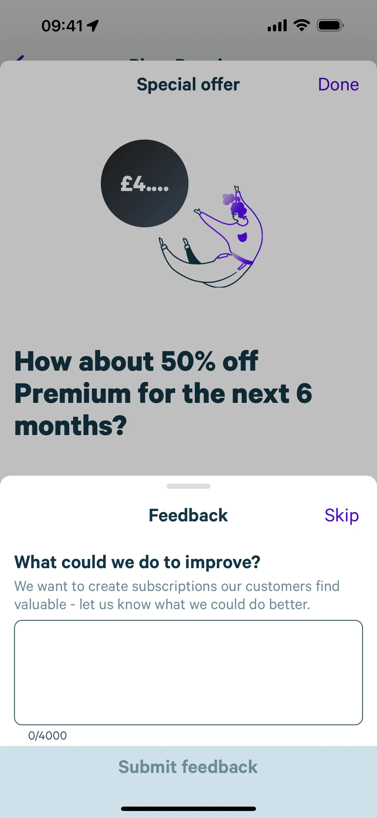 Plum Feedback bottom sheet over the Special offer screen titled What could we do to improve? with a Skip button, empty text field, and greyed Submit feedback button