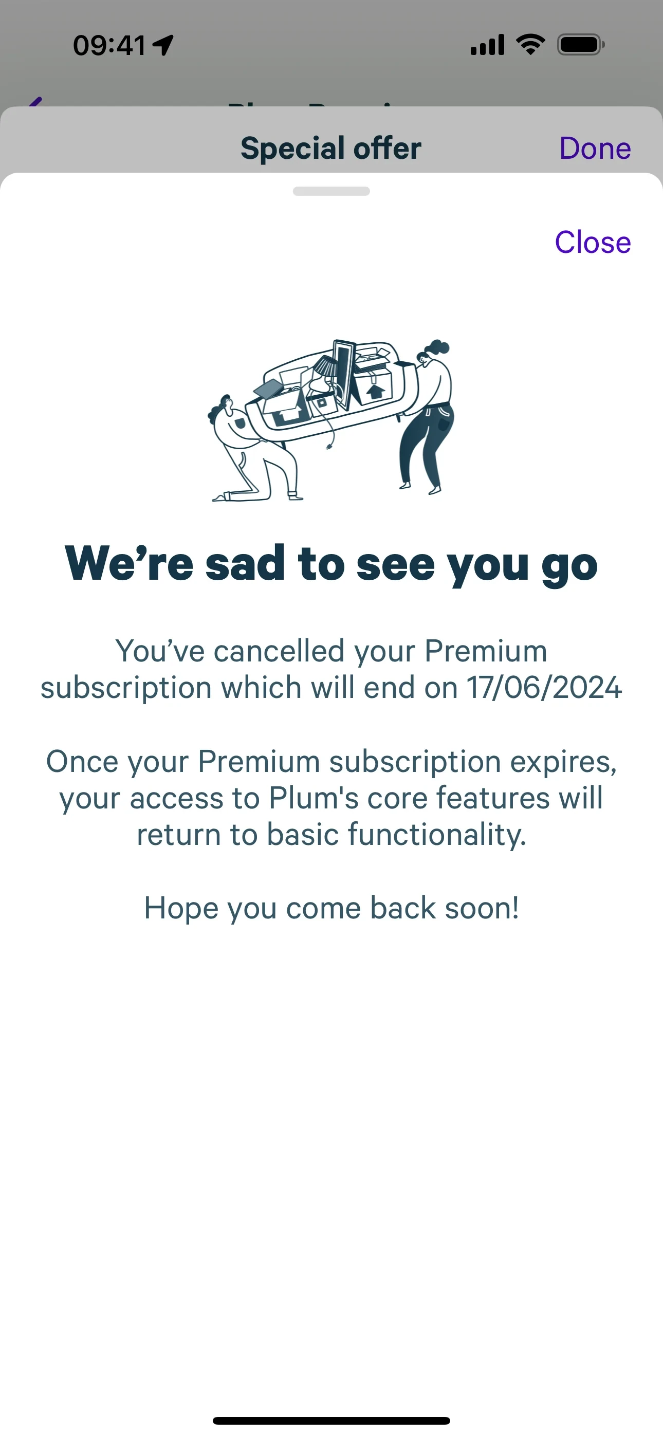Plum confirmation sheet headed We're sad to see you go stating Premium subscription will end on 17/06/2024 and access returns to basic functionality