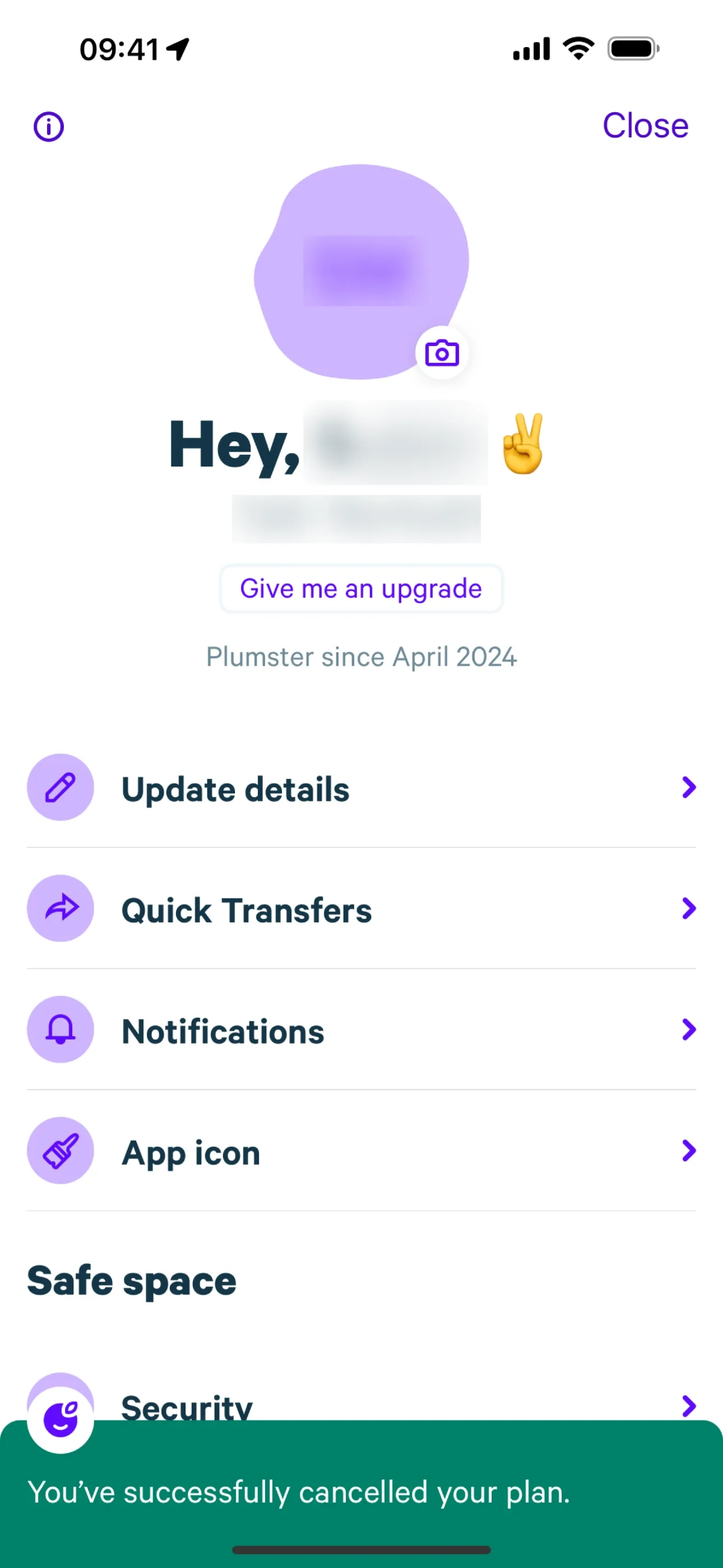 Plum Profile after cancel with Give me an upgrade instead of a plan badge and a green bottom banner reading You've successfully cancelled your plan