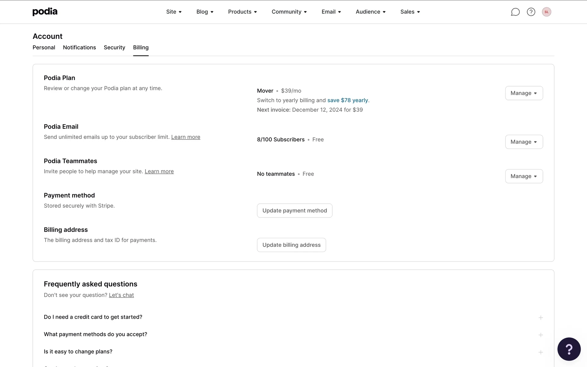 Podia Account Billing page with the Billing tab selected, Podia Plan row showing Mover, next invoice date, Switch to yearly billing pitch, and a Manage dropdown button