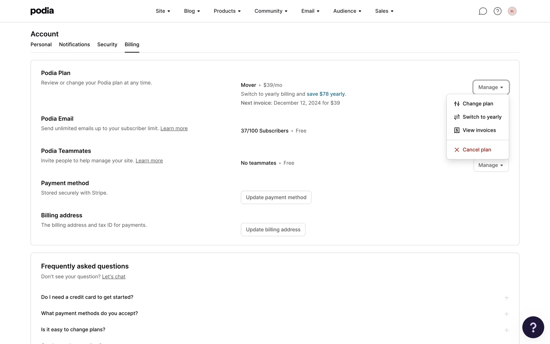 Podia Billing Manage dropdown open with Change plan, Switch to yearly, View invoices, and Cancel plan in red with an X icon