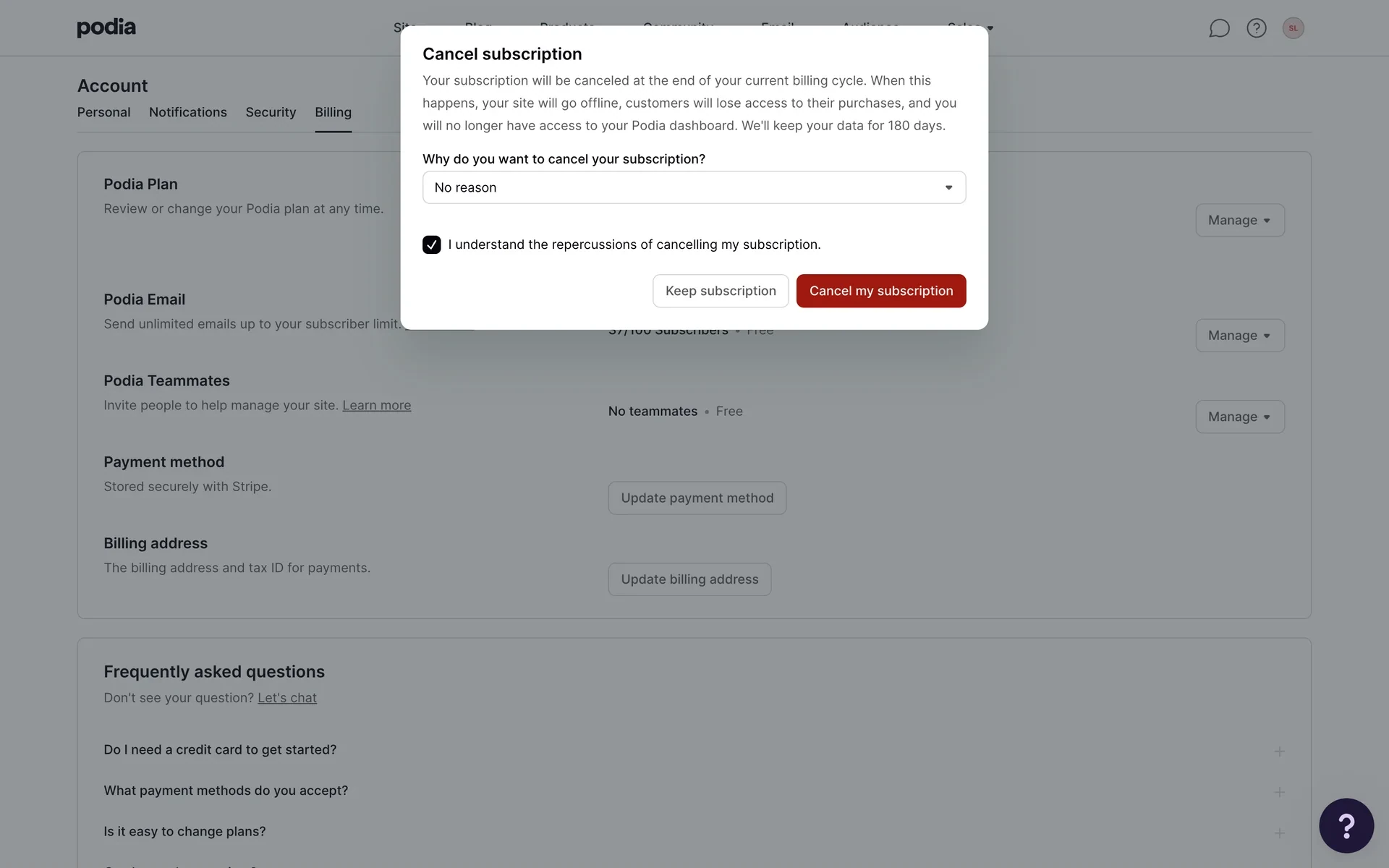 Cancel subscription modal with the repercussions checkbox checked and the red Cancel my subscription button enabled next to Keep subscription