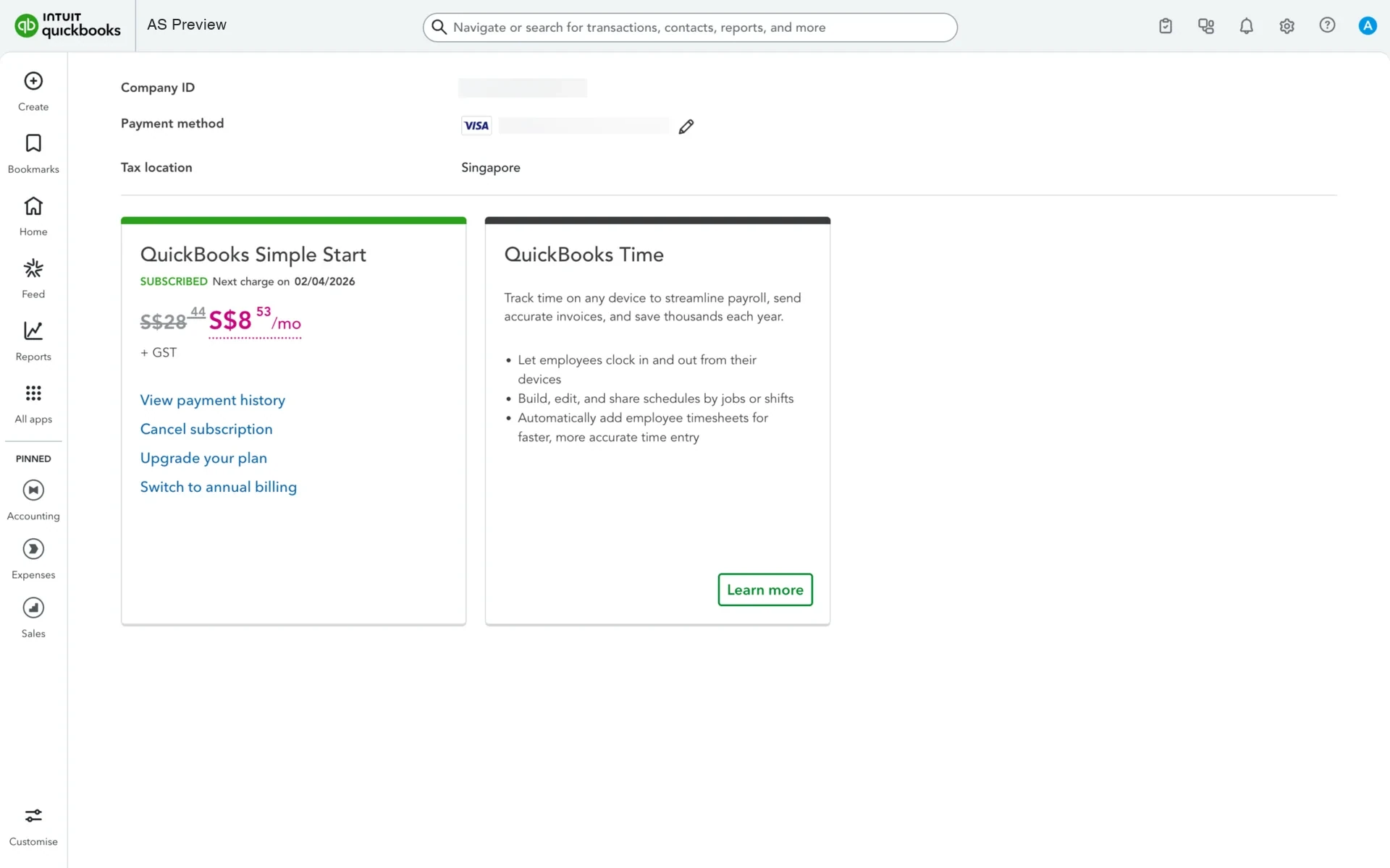 QuickBooks Subscriptions and billing page showing the QuickBooks Simple Start plan card with next charge date, payment method, and links for View payment history, Cancel subscription, Upgrade your plan, and Switch to annual billing