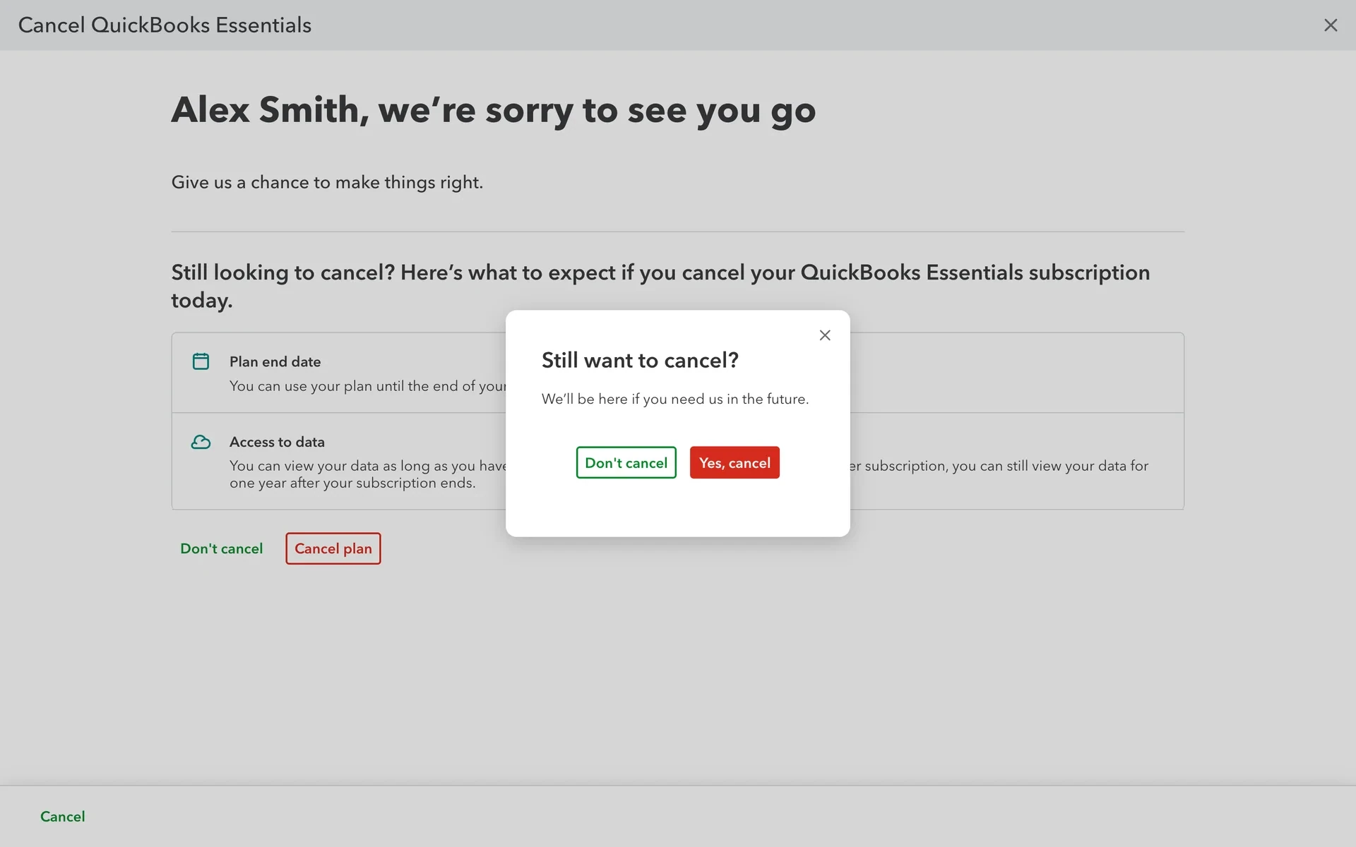 QuickBooks "Still want to cancel?" confirmation modal with a green Don't cancel button and a red Yes, cancel button